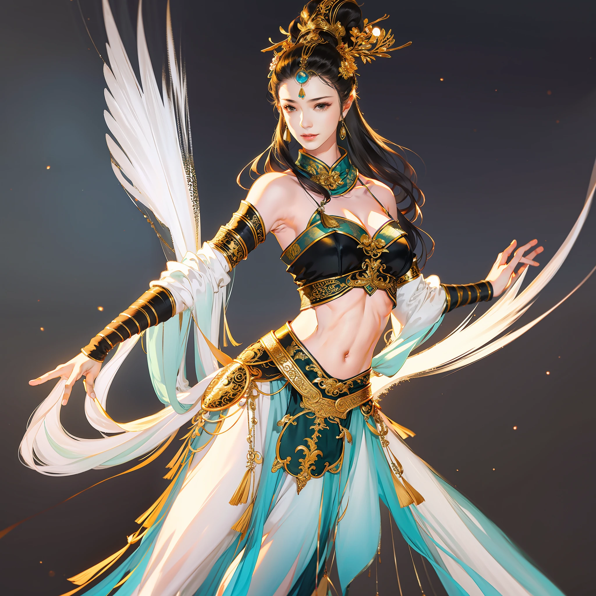 An ancient Chinese girl wearing an Indian dress, full body, exposed shoulders and navel, Dunhuang style, dancing, amazing facial features, 3d model, game model, stunning lighting, C4D, OC renderer, pure black background, movie edge light, fine light, masterpiece, super detail, epic composition, super hd, high quality, highest quality, 32k