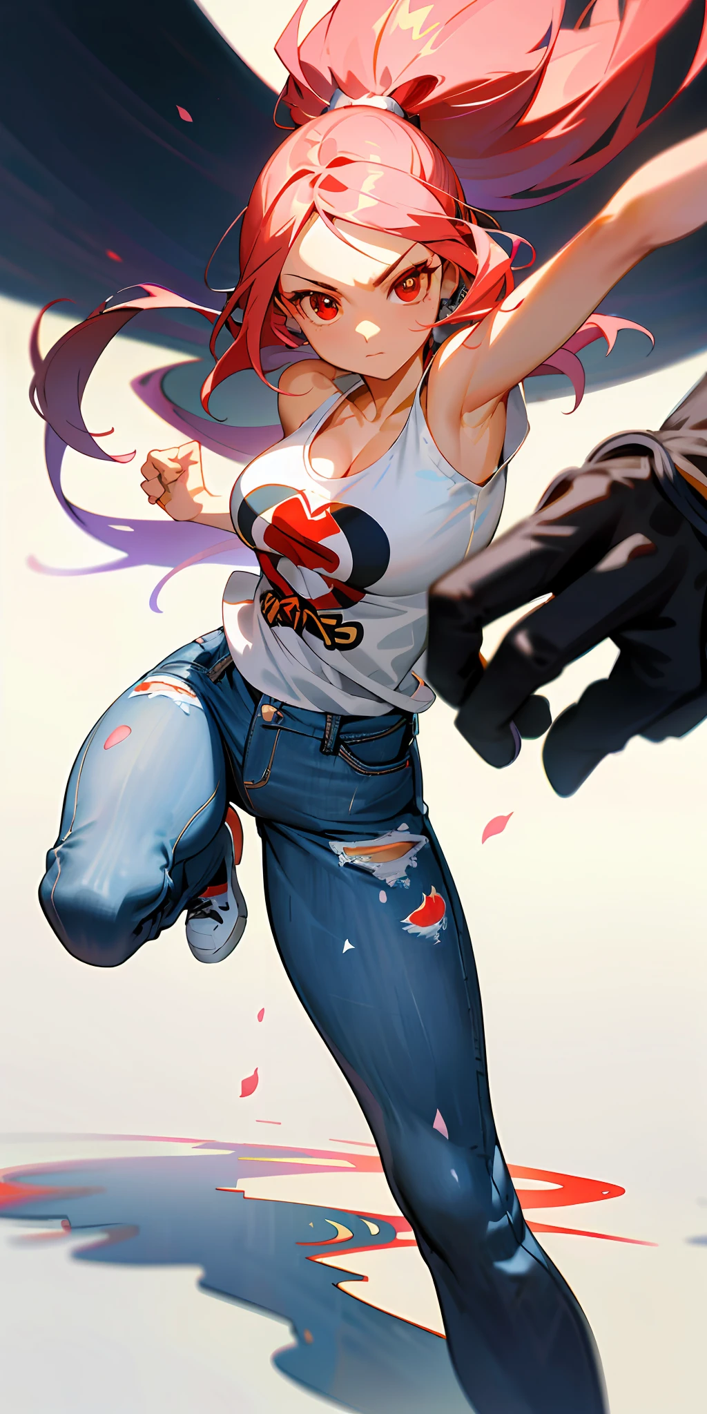 :: comix style by Serg Acuna:: beautiful, perfect and detailed, ultra detailed anime style mmorpg last origin clothes with tatoon designs and colors of light pink, black, white and gray, in various full-body attack poses and with immersive effects, hover effect, background graffiti style with vibrant colors "ultra HDR" detailed and with focus effect, with black all star converse sneakers (masterpiece: 1.2, best quality), (finely detailed beautiful eyes: 1.2),extremely detailed, depth of field,shot with Canon EOS,lens 135mm f1.8,portrait of [x]((1Girl Kelly Brook Beautiful Woman )),long hair, straight and black,with a natural sheen and stuck like ponytail ((Solo)), (Red eyes:1.4), (Finely detailed eyes and detailed face:1.3), ), (With ULTRA DETAILED jeans and a white t-shirt with full ultra detailed tatoom print:1.3), (Beautiful and clear background:1.2), (Extremely detailed CG, Ultra-detailed, Best Shadow:1.1),("" character demonstrating his super power in the fist"")((Depth of field and blur)), ((Watercolor)), Large breasts, Bare shoulders, Flowers and petals, Beautiful conceptual illustration , (White background:0.5), (Illustration :1.1),  (extremely fine and beautiful: 1.1), (perfect details: 1.1) graffiti style background, freedom, soul, digital illustration, perfect anatomy, centered,