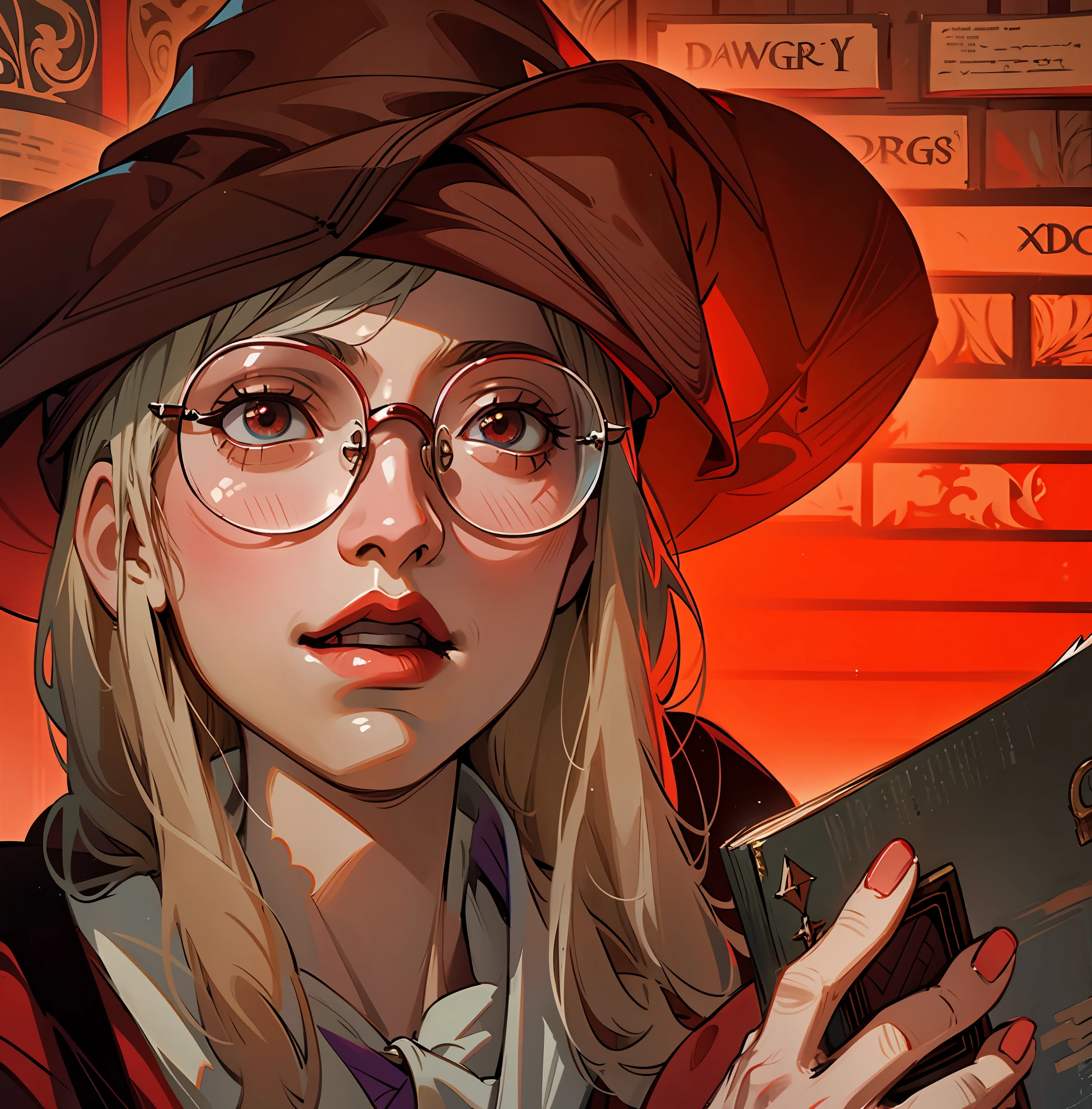 Woman in red hat and glasses holding a book,silver hair,she wears Harry Potter glasses, Maya Ali as D&D sorceress, holding spell book, dressed as witch, D&D magician, wearing a red wizard hat.