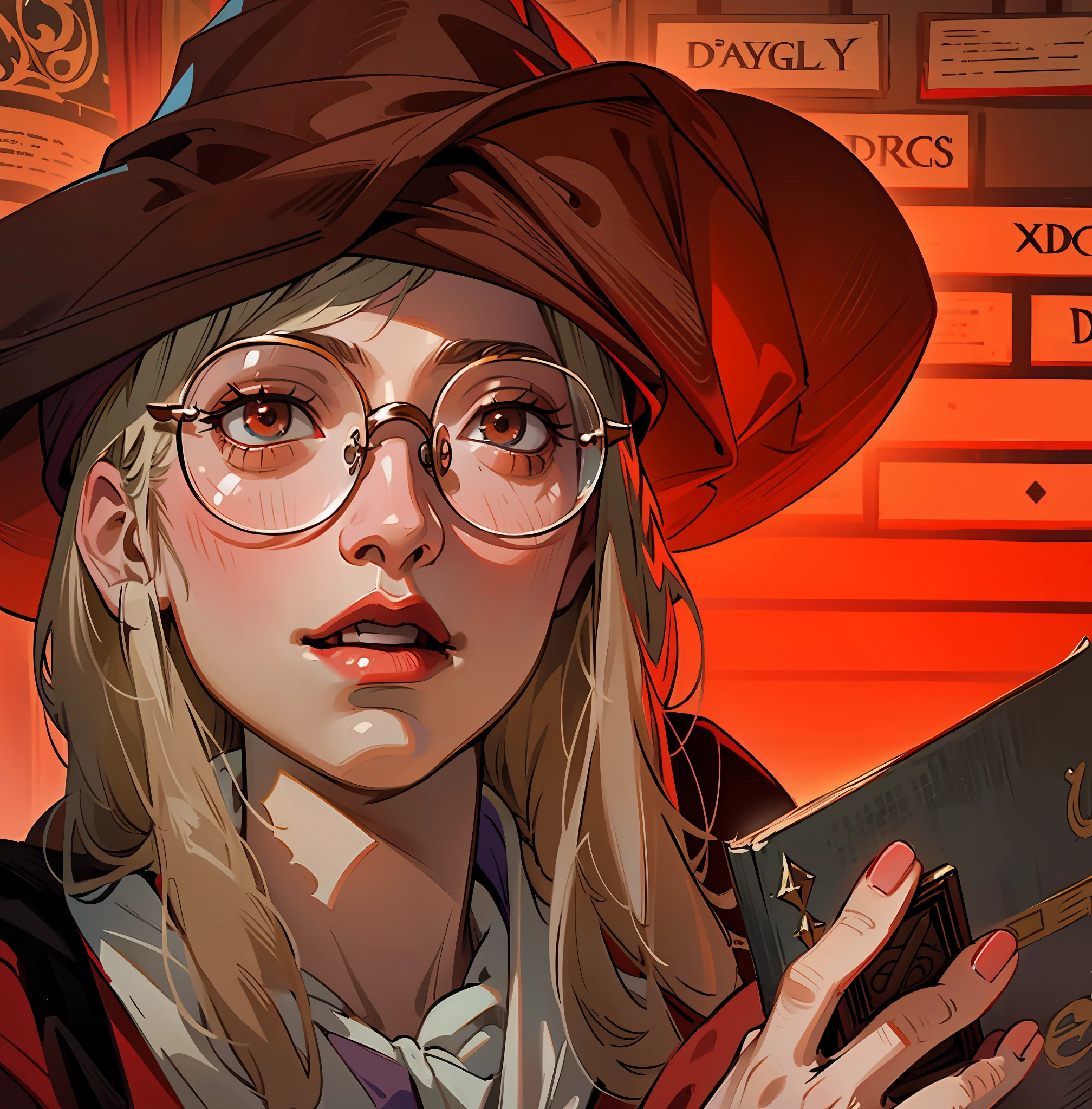Woman in red hat and glasses holding a book,silver hair,she wears Harry Potter glasses, Maya Ali as D&D sorceress, holding spell book, dressed as witch, D&D magician, wearing a red wizard hat.