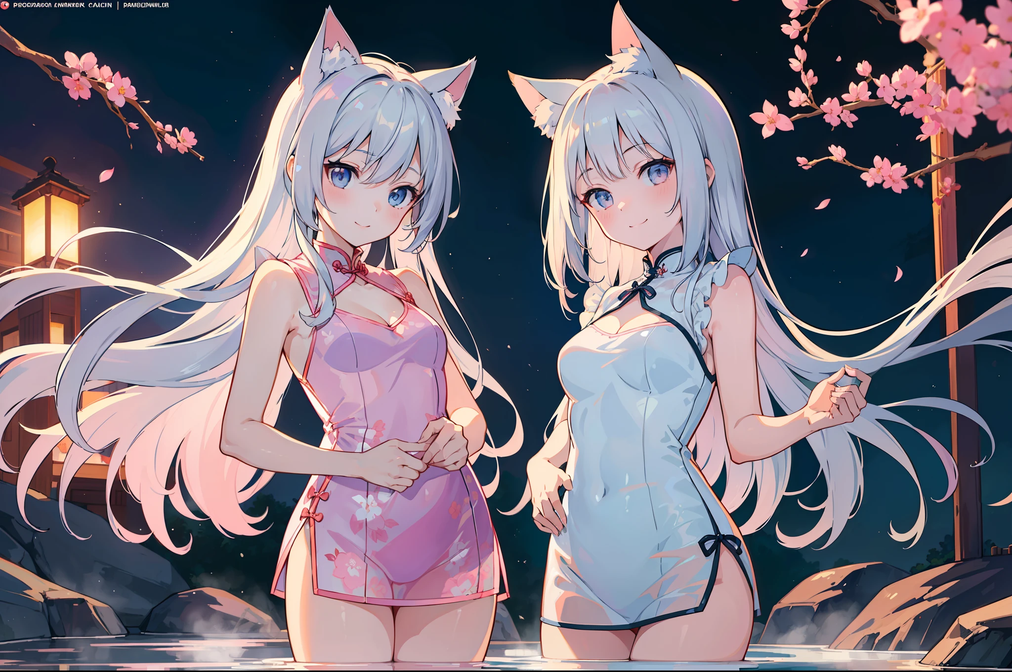 Masterpiece, top quality anime illustration, super detailed, two girls, silver-haired beautiful girl, anime loli, cat ear loli, short cheongsam, sleeveless, pale color pink see-through cheongsam and light blue see-through cheongsam in pale color, smile, bare skin lateral breast, thigh focus, cleavage emphasis, hot spring