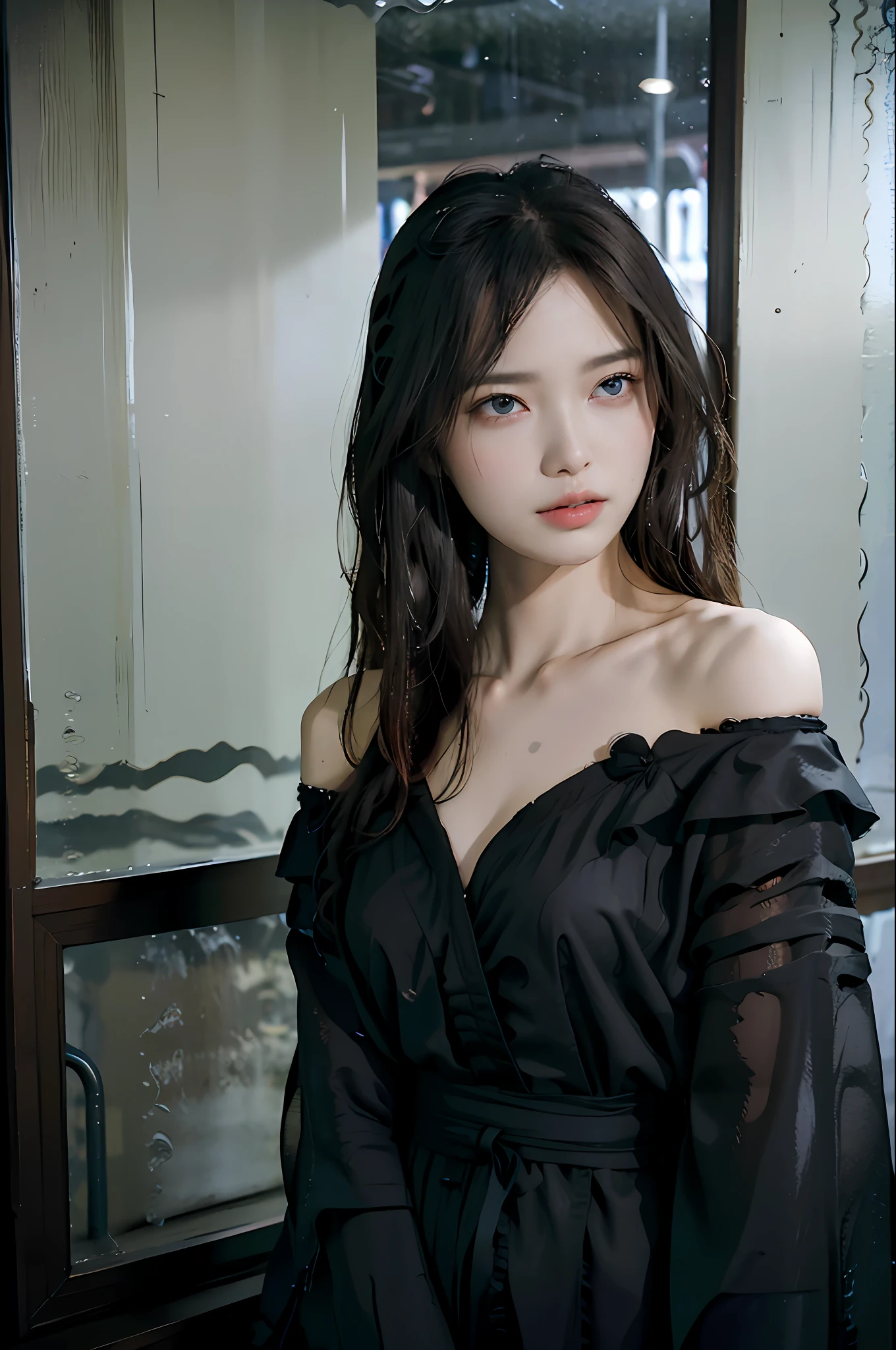One beautiful woman, front, waist up angle, detailed eyes, big eyes, black eyes, fair skin, slender, black hair, long hair, wet hair, wet skin, background is hotel room with night view, rain outside window, water drops on window, swollen eyes, sad expression, sexy, dressed in blouse, healthy, night,