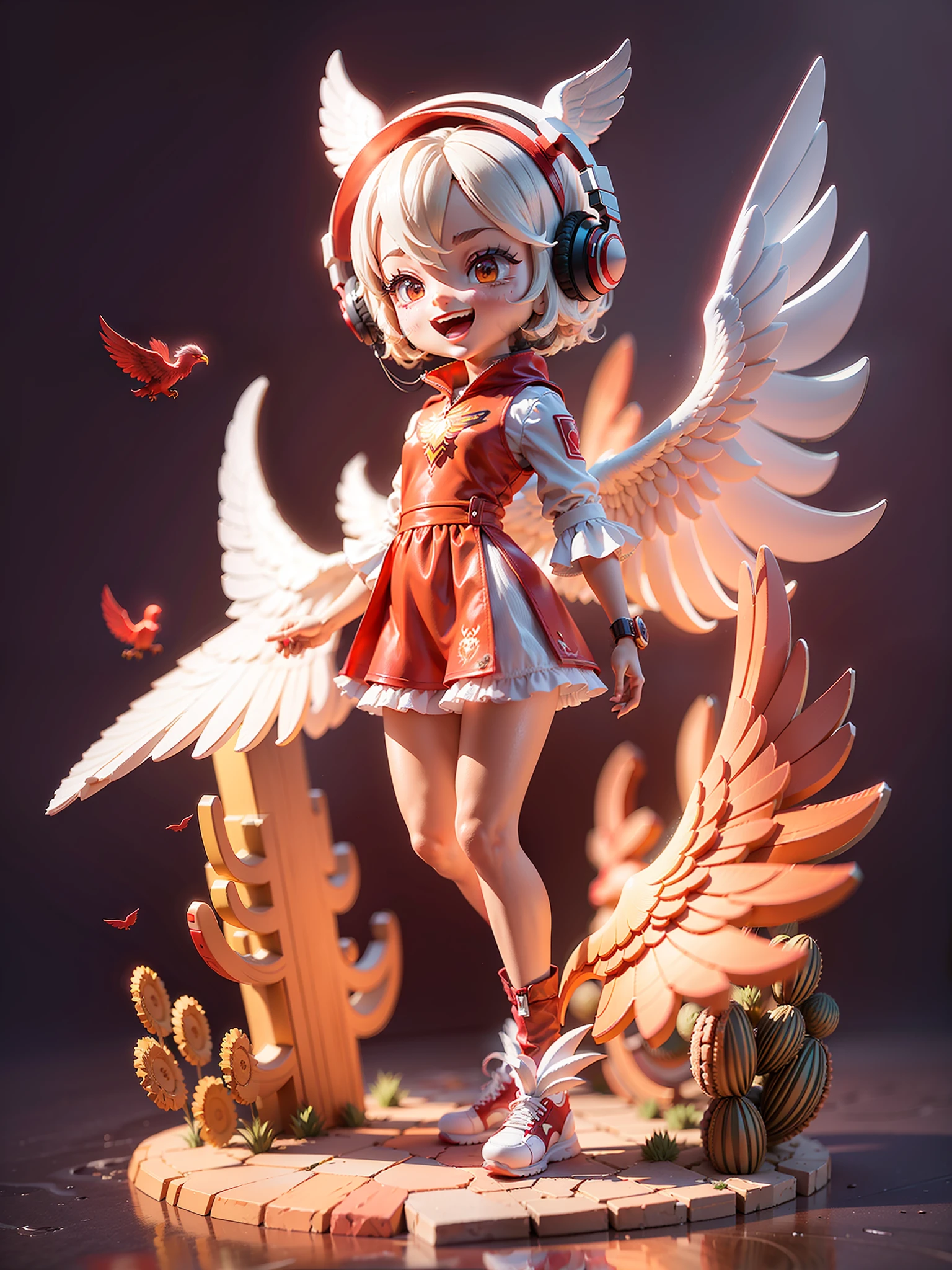 (Masterpiece), (Excellent), (Ultra Detailed), (Full Body: 1.2), (Solitary), Red Theme, Phoenix Magician, Cute, Open Mouth, Smile, Headphones, Popmart Blind Box, Clay Texture, Stepping on Earth, Black and White Background, Natural Light, Best Quality, Ultra Detail, 3D Art, C4D, OC Renderer, 3D Rendering, 8K