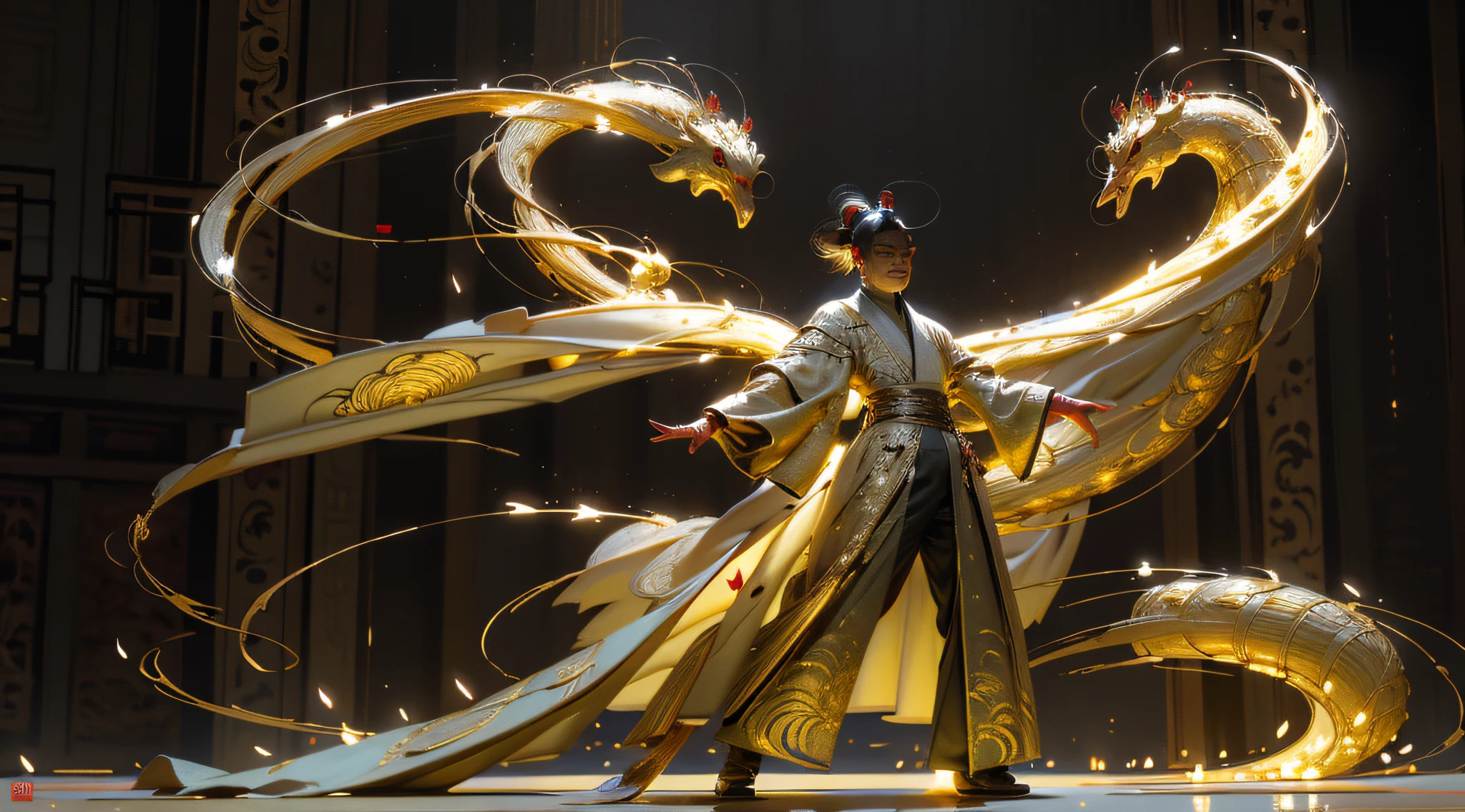 Peking Opera, the emperor on the opera stage, wearing a golden python, he wears a grass king helmet, inserts a pheasant ling, wears a foxtail, masterpiece, the best quality, realistic, 3D, theater, standing, panorama, golden head-to-body ratio,