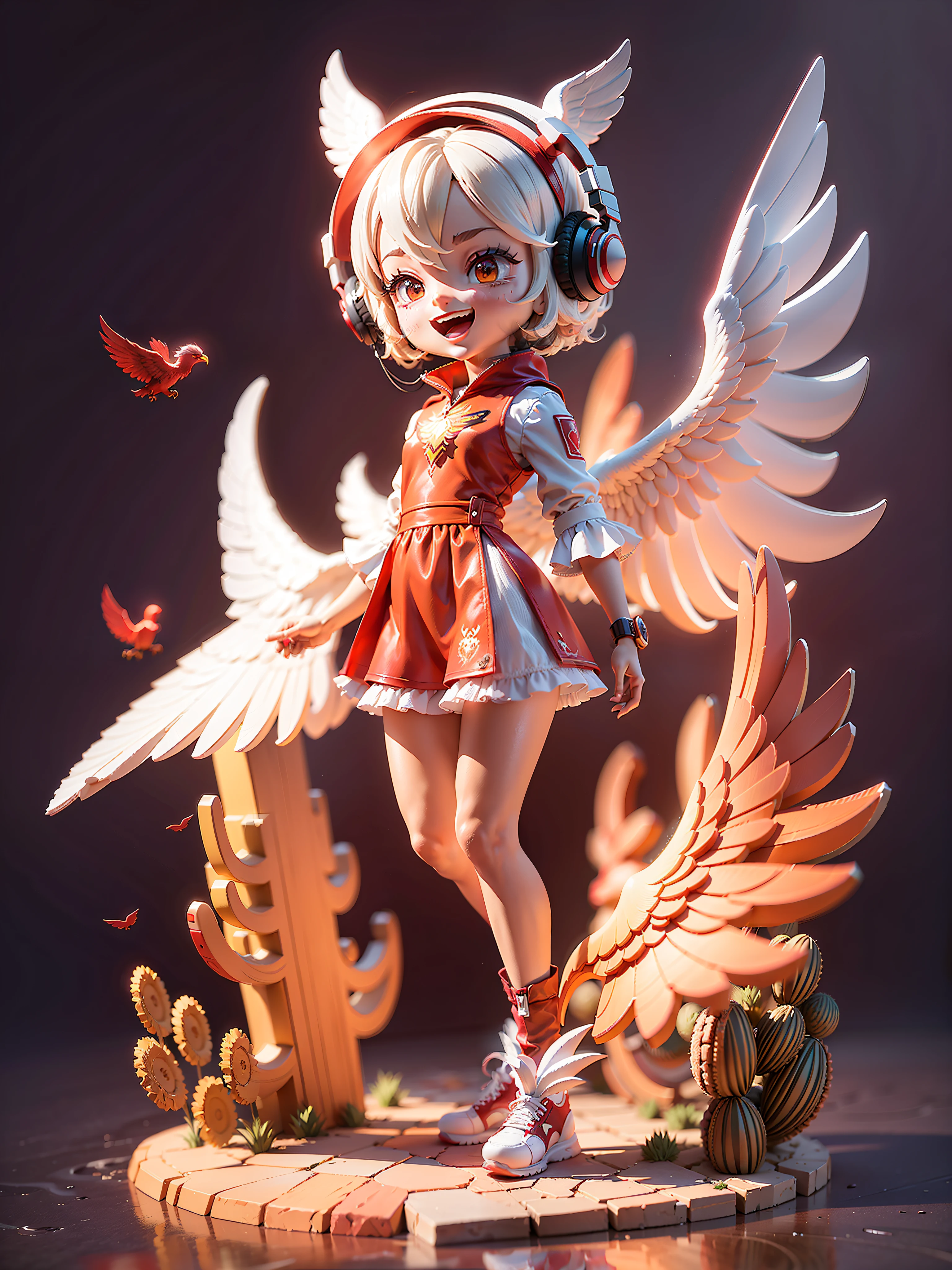(Masterpiece), (Excellent), (Ultra Detailed), (Full Body: 1.2), (Solitary), Red Theme, Phoenix Magician, Cute, Open Mouth, Smile, Headphones, Popmart Blind Box, Clay Texture, Stepping on Earth, Black and White Background, Natural Light, Best Quality, Ultra Detail, 3D Art, C4D, OC Renderer, 3D Rendering, 8K