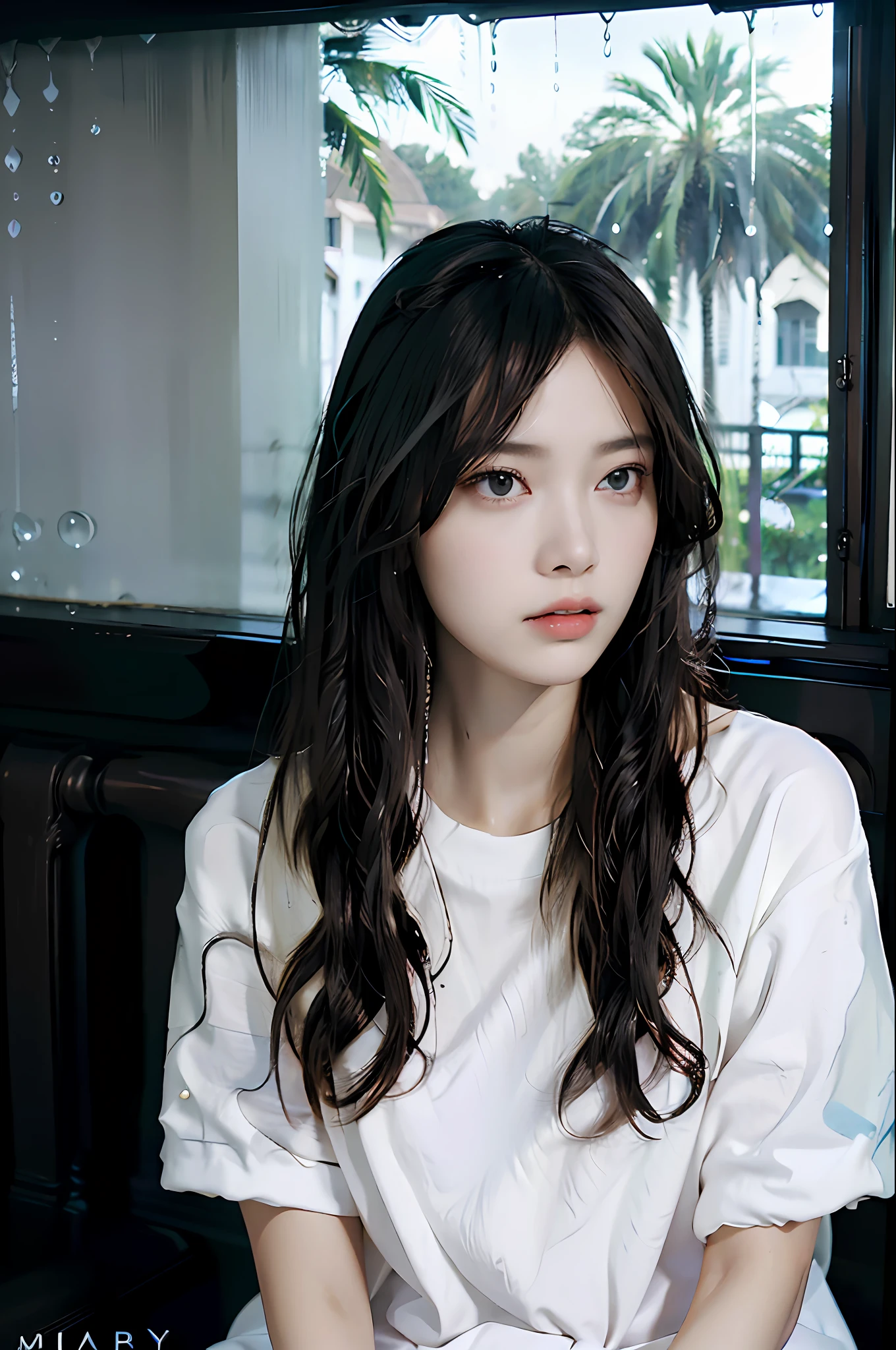 One beautiful woman, front, waist up angle, detailed eyes, big eyes, black eyes, fair skin, slender, black hair, long hair, wet hair, wet skin, background is a hotel room with night view, rain outside window, water drops on window, swollen eyes, sad expression, sexy, dressed in plain white t-shirt, night, straight hair,