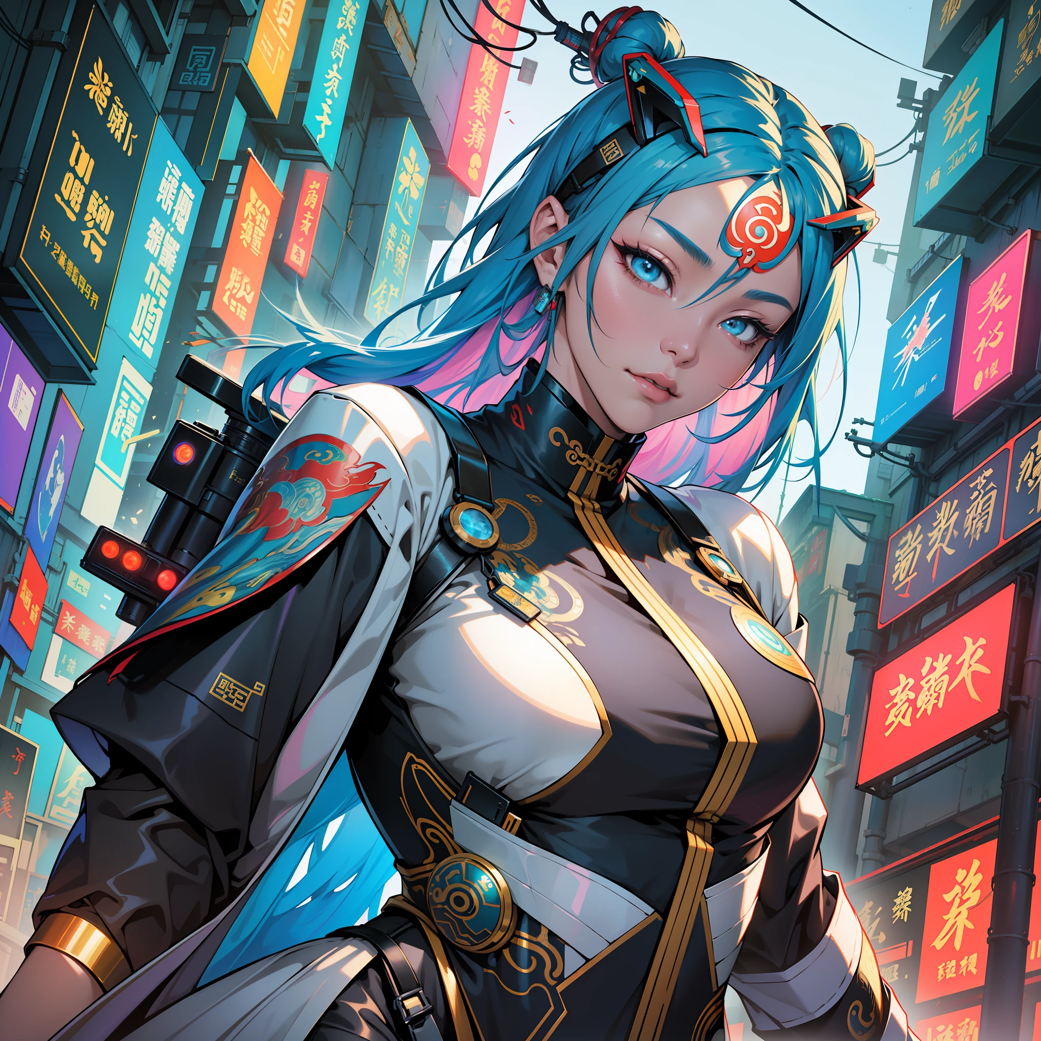 An ancient Chinese girl, full body, cyberpunk, holographic aura, surreal science fiction art, futuristic science fiction aesthetics, mechanical Tang costume, costumes influenced by ancient Chinese opera, amazing facial features, game models, movie edge light, delicate light, masterpiece, super detailed, epic composition, super HD, high quality, highest quality, 32k --niji 5