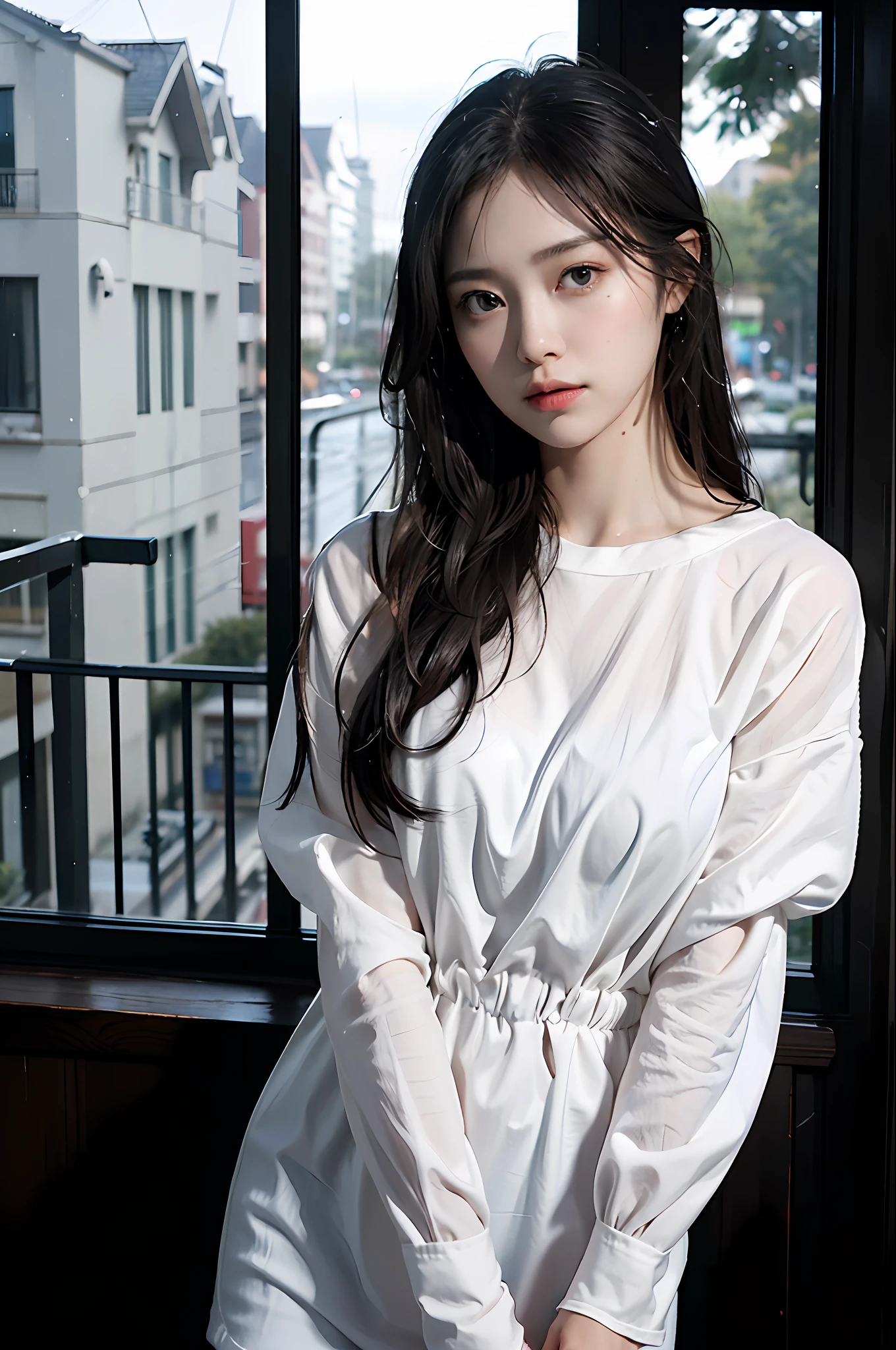 One beautiful woman, front, waist up angle, detailed eyes, big eyes, black eyes, fair skin, slender, black hair, long hair, wet hair, wet skin, background is a hotel room with night view, rain outside window, water drops on window, swollen eyes, sad expression, sexy, dressed in plain white t-shirt, night, straight hair,