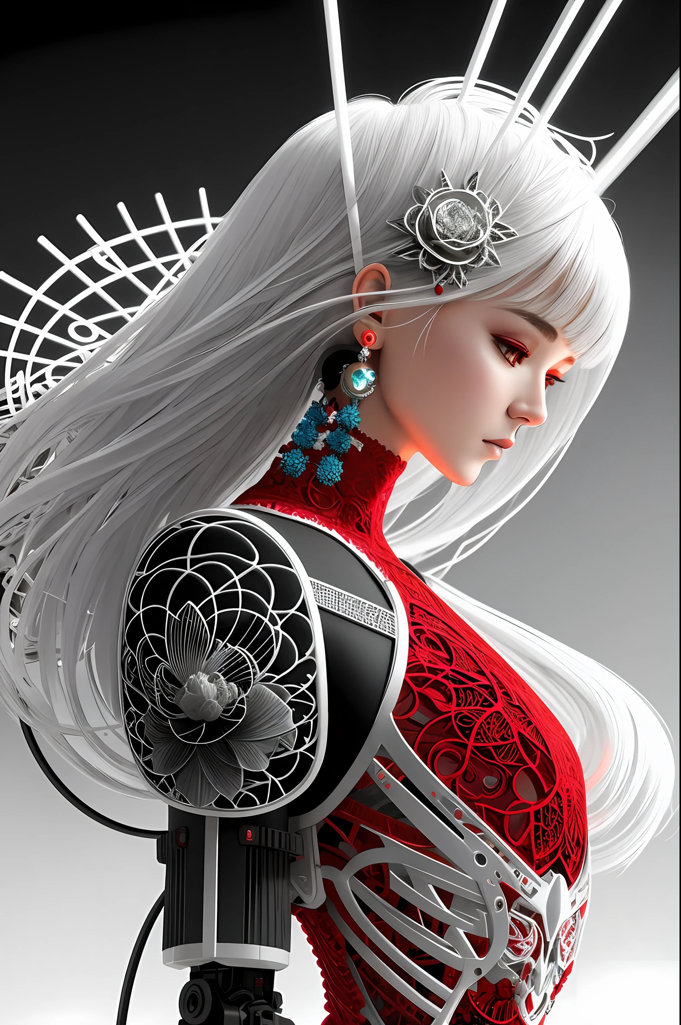 nousr robot, complex 3d render ultra detailed of a beautiful death angel, biomechanical cyborg, analog, 150 mm lens, beautiful natural soft rim light, big leaves and stems, roots, fine foliage lace, colorful details, samourai, Boris Bidjan Saberi outfit, pearl earring, piercing, art nouveau fashion embroidered, intricate details, mesh wire, mandelbrot fractal, anatomical, facial muscles, cable wires, microchip, badass, hyper realistic, ultra detailed, octane render, volumetric lighting, 8k post-production, red and white with a bit of black, detailled metalic bones, semi human, iridescent colors, Glenn Brown style, white room, power of the god, high-angle shot, complex body poses