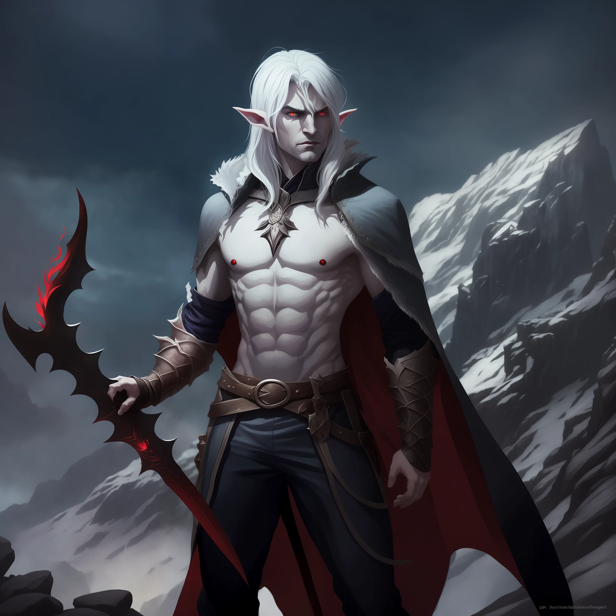 Male elf drow Dungeon and Dragons, full body drawing, two meters tall, standing on the rocks, 8k drawing, artstation, giant sword in his back, big leather coat, bare chest, loose and beautiful hair, red and defiant eye irises, strong body, beautiful eyes, under the red moonlight, epic drawing.