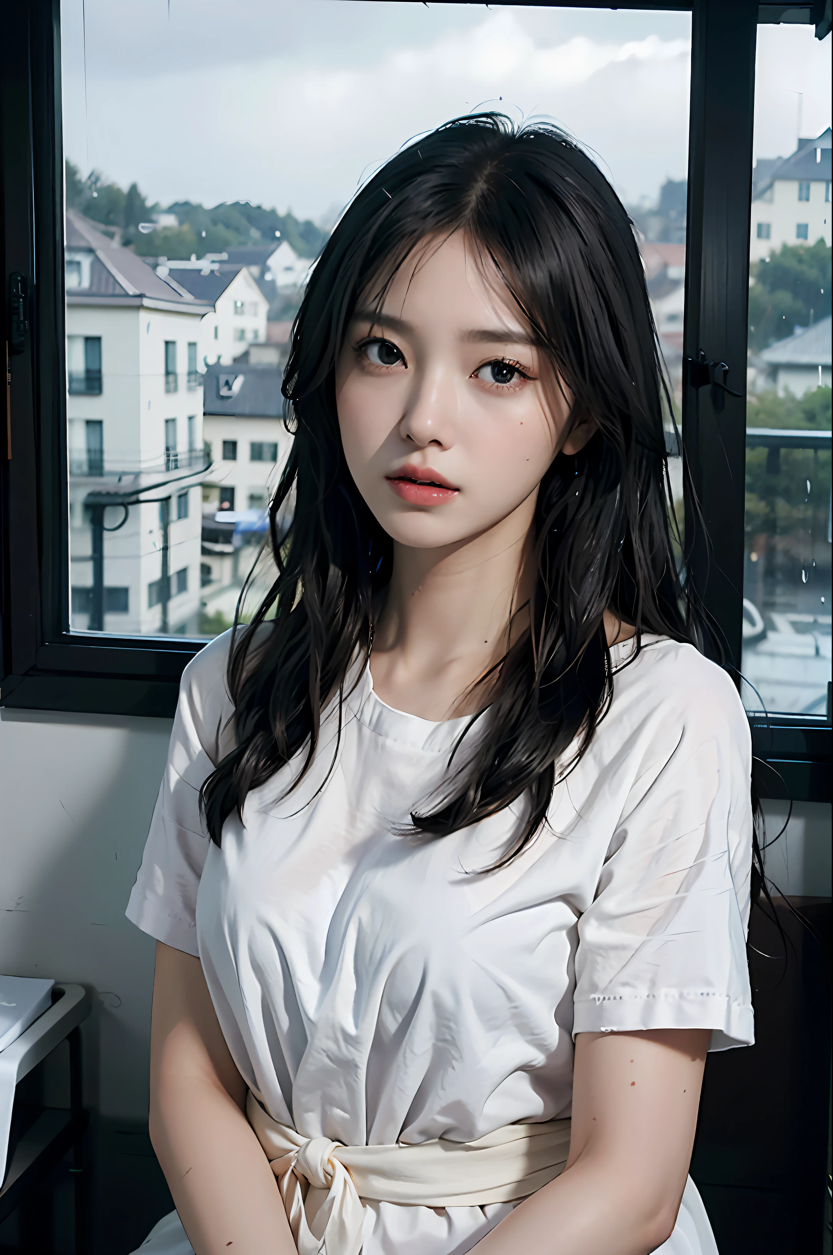 One beautiful woman, front, waist up angle, detailed eyes, big eyes, black eyes, fair skin, slender, black hair, long hair, wet hair, wet skin, background is a hotel room with night view, rain outside window, water drops on window, swollen eyes, sad expression, sexy, dressed in plain white t-shirt, night, straight hair,