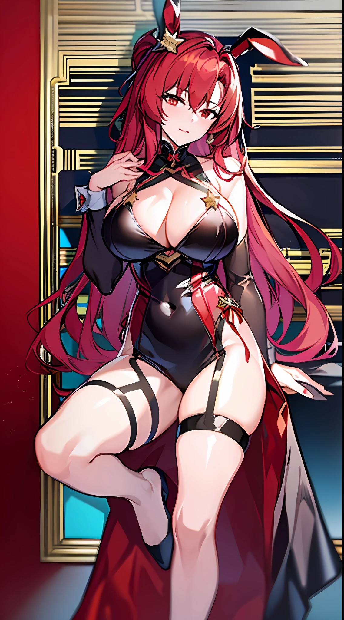 masterpiece, best quality, high resolution, 1girl, solo, himeko (honkai star rail), long hair, red hair, bunny suit, big breasts, mole on the chest, captivating,, attractive, gorgeus, smooth, shiny skin, full body