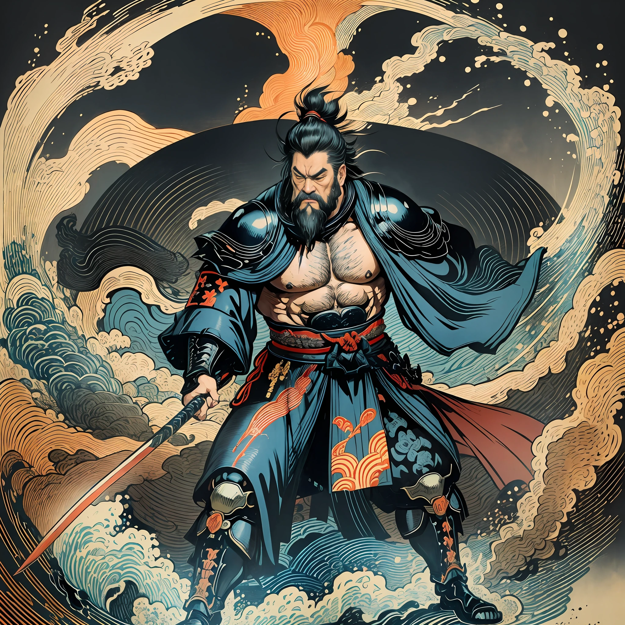 It is a full-body painting with natural colors with Katsushika Hokusai-style line drawings. The swordsman Miyamoto Musashi has a big body like a strongman. Samurai of Japan. With a dignified but manly expression of determination, he confronts evil spirits. He has black short hair and a short, trimmed beard. His upper body is covered in a black kimono and his hakama is knee-long. In his right hand he holds a Japan sword with a longer sword part. In the highest quality, masterpiece high resolution ukiyo-e style lightning and swirling flames. Among them, Miyamoto Musashi is standing with his back straight, facing the front.