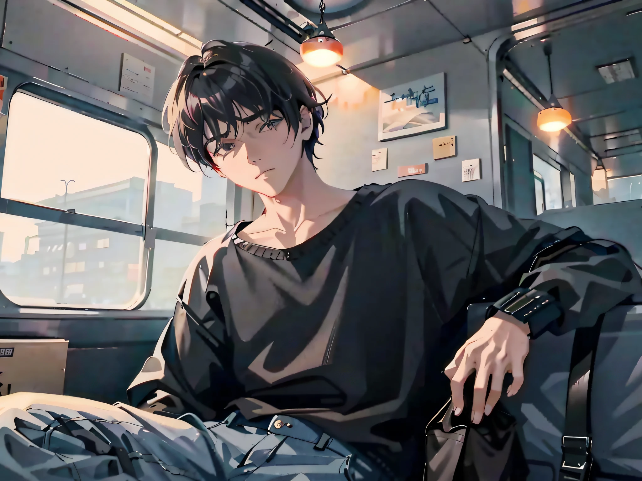 there is a man sitting on a train with a bag, artwork in the style of guweiz, guweiz, lofi portrait, anime style. 8k, with short hair, anime realism style, anime boy, lofi artstyle, realistic anime artstyle, male anime style, high quality portrait, anime style 4 k, realistic anime 3 d style