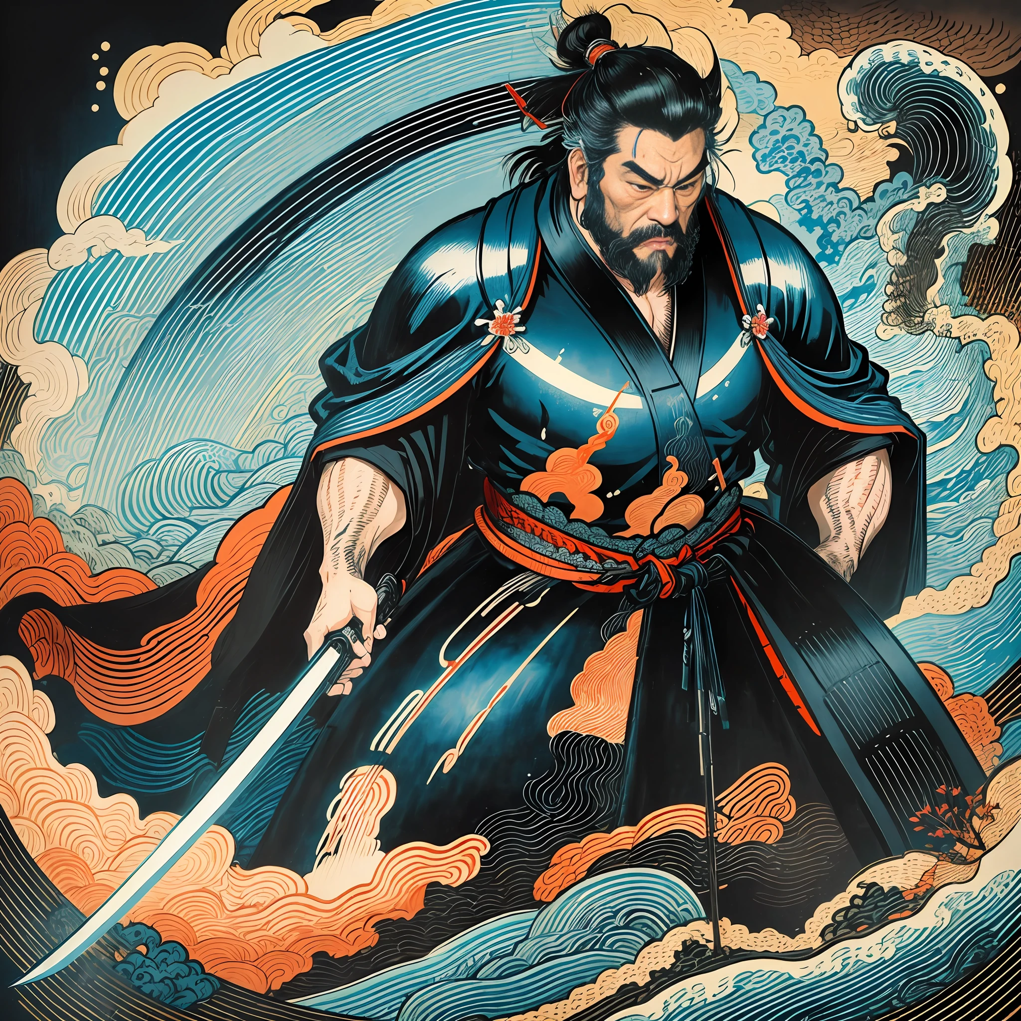 It is a full-body painting with natural colors with Katsushika Hokusai-style line drawings. The swordsman Miyamoto Musashi has a big body like a strongman. Samurai of Japan. With a dignified but manly expression of determination, he confronts evil spirits. He has black short hair and a short, trimmed beard. His upper body is covered in a black kimono and his hakama is knee-long. In his right hand he holds a Japan sword with a longer sword part. In the highest quality, masterpiece high resolution ukiyo-e style lightning and swirling flames. Among them, Miyamoto Musashi is standing with his back straight, facing the front.