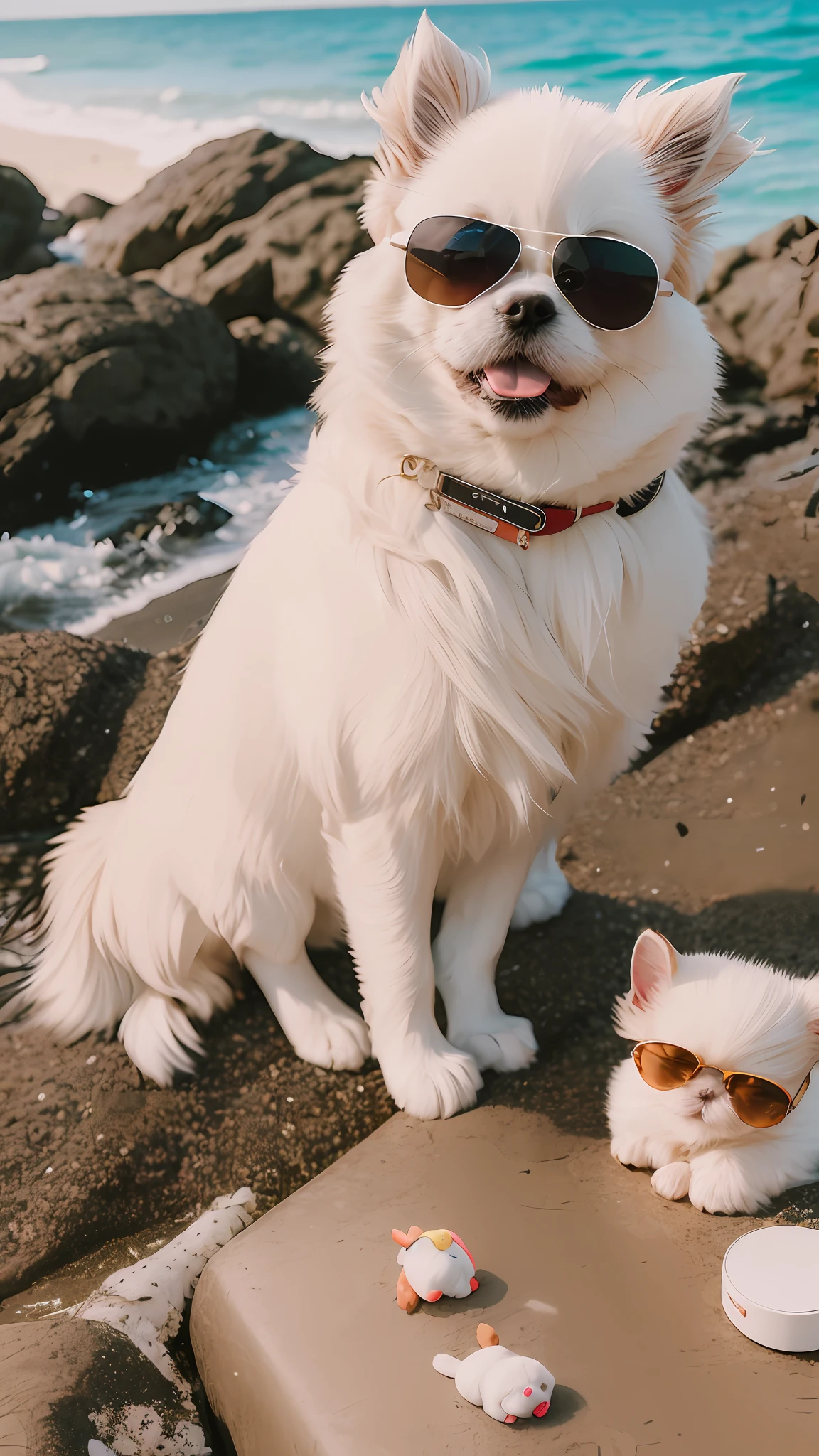 There is a little white Pekingese wearing sunglasses on a beautiful beach, shot with Sony alpha 9, Bella, puppy, nuggets, shot with Canon 8 0 d, shot with Canon EOS 5 d Mark IV, cute dog, shot with Canon 5d mk4, shot with Sony A7r camera, shot with Canon EOS R 6, octa 8k,