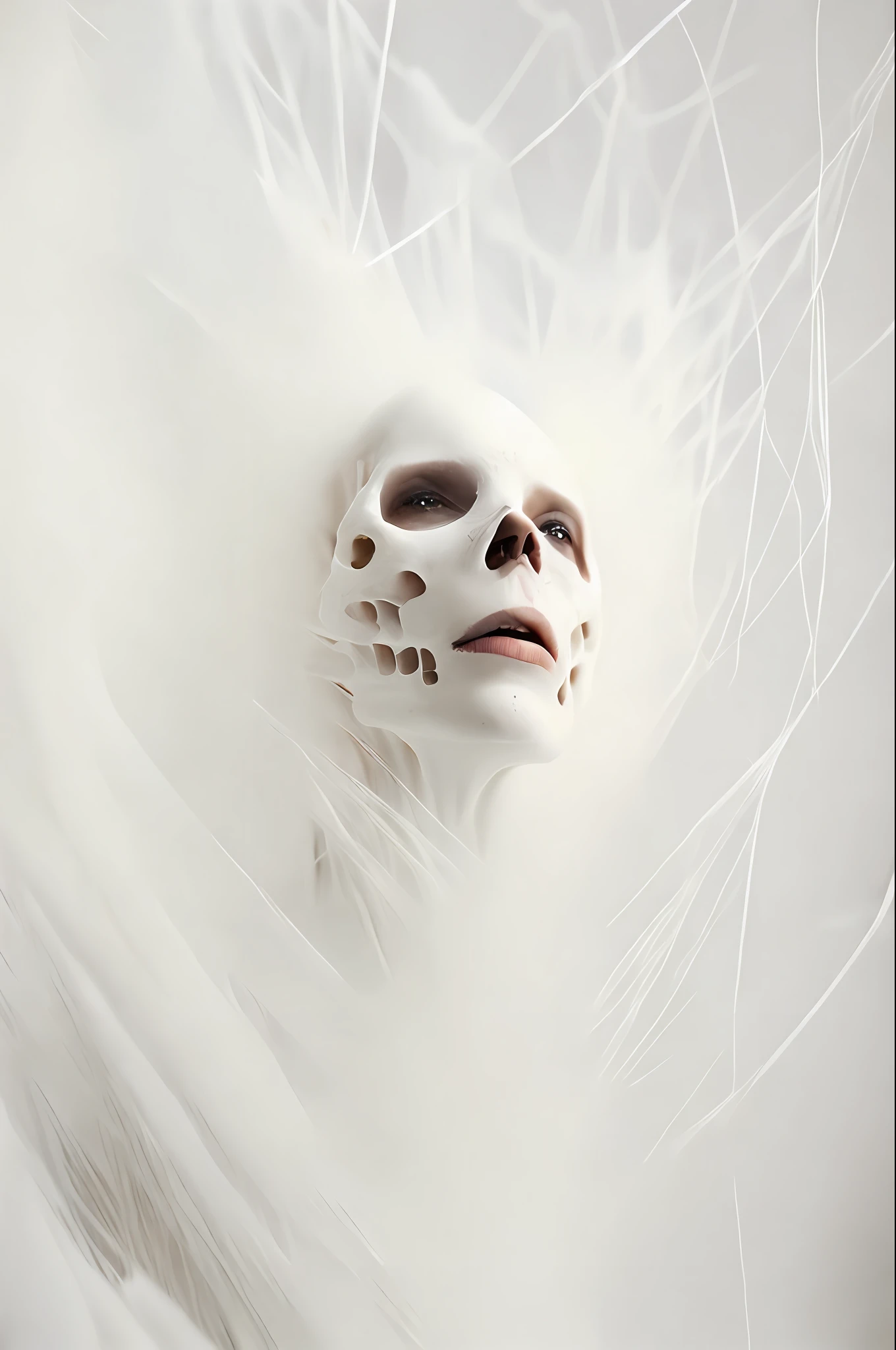 (Epic photography: 1.2), the scene is open, white spider silk woven white hollow white hand bones, spider silk dense composition of hand bones, broken feeling, detailed spider silk details, detailed hand bone three-dimensional sense, light sense, 3D, detailed spider silk hollow effect, spider silk texture, the picture is full of mysterious feeling, the background is white clouds, photos are realistic, advanced beauty, advanced white, 8k,