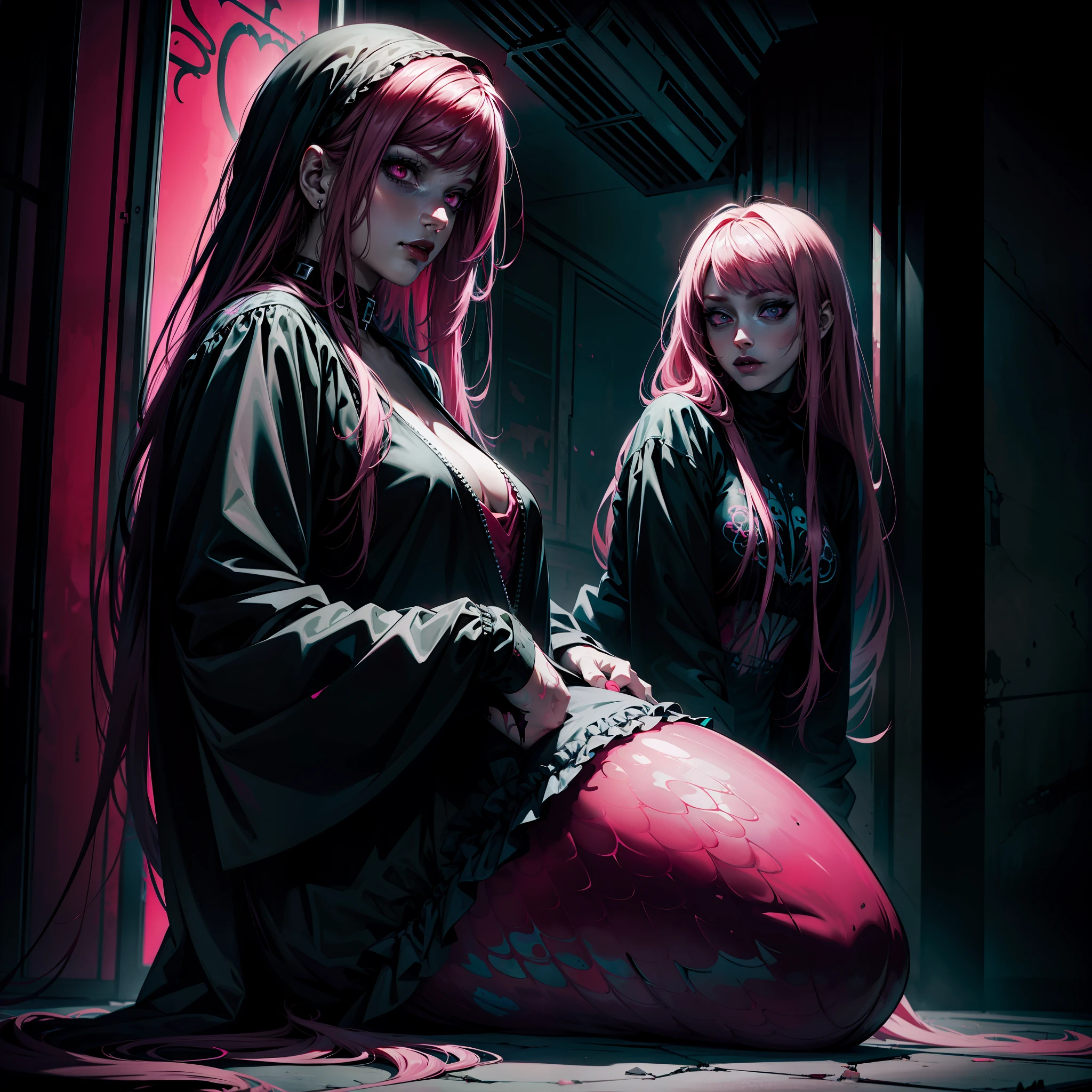 mermaid, breakcore, extremely vibrant colors pink and red, acidcore, psychological horror, beautiful art, dark, goth, breakcore, horror anime, phonk style art, full body, black clothing