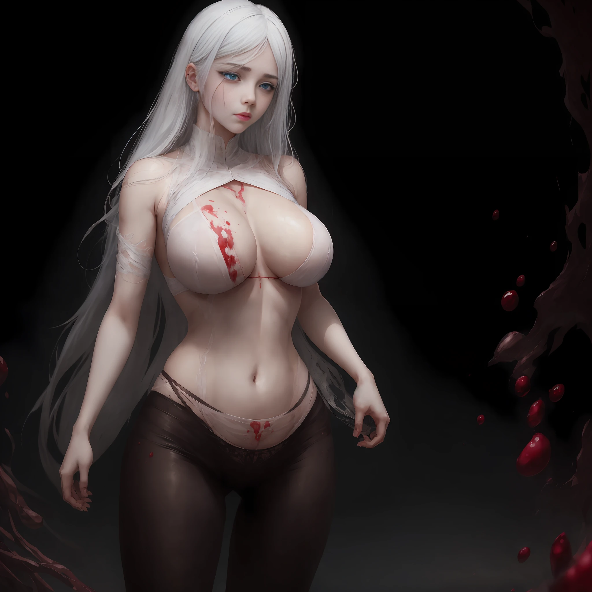 White hair and blue eyes, round and round and plump huge chest, pink bumps on the chest, lactating chest, tight black silk wet lace tights torn holes, white transparent tight top stained red with blood torn holes, blood covering the chest, blood moist tight transparent pants, menstrual bleeding, menstrual bleeding, crotch bleeding, crotch bleeding, a large number of wounds, the whole body is covered with a large amount of deep wound blood, a large area of skin is covered with blood, a large wound on the abdomen, eyes are blank, rusty iron chains are bound