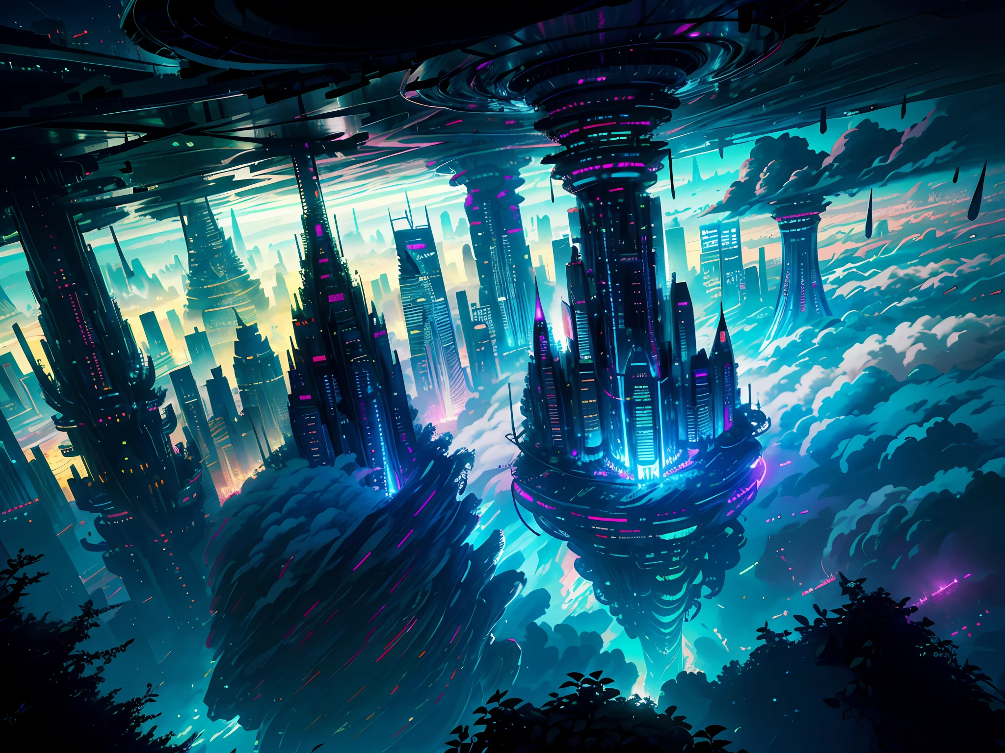octane render, bioluminescent,8K resolution concept art, realism,by Mappa studios,masterpiece,best quality,official art,illustration,ligne claire,(cool_color),perfect composition,absurdres, fantasy,focused,(finely detailed modern lost_city:1.3),(lost_city towering above the clouds:1.2),epic,an ,motion,(depth_of_field), extension image, view from above of a futuristic amusement park,intricate detail,neon light,wheel,the park is on a floating island in the sky, above the cloud, night, park furniture