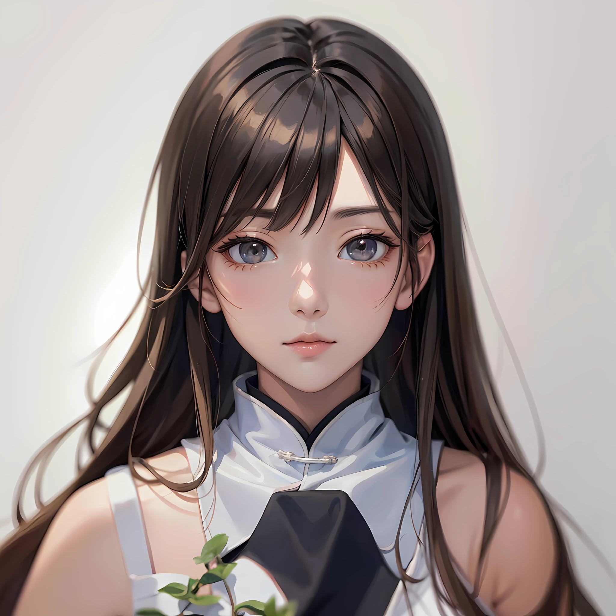 anime, watercolor, Chinese, painting, art style, (white background: 1.4), original, (illustration: 1.1), (best quality), (masterpiece: 1.1), (color: 0.9), (medium lens: 1.4), upper body, clear and sharp focus, interior, looking at the viewer, ((beautiful)), beautiful face, brown hair, black eyes, drawing,