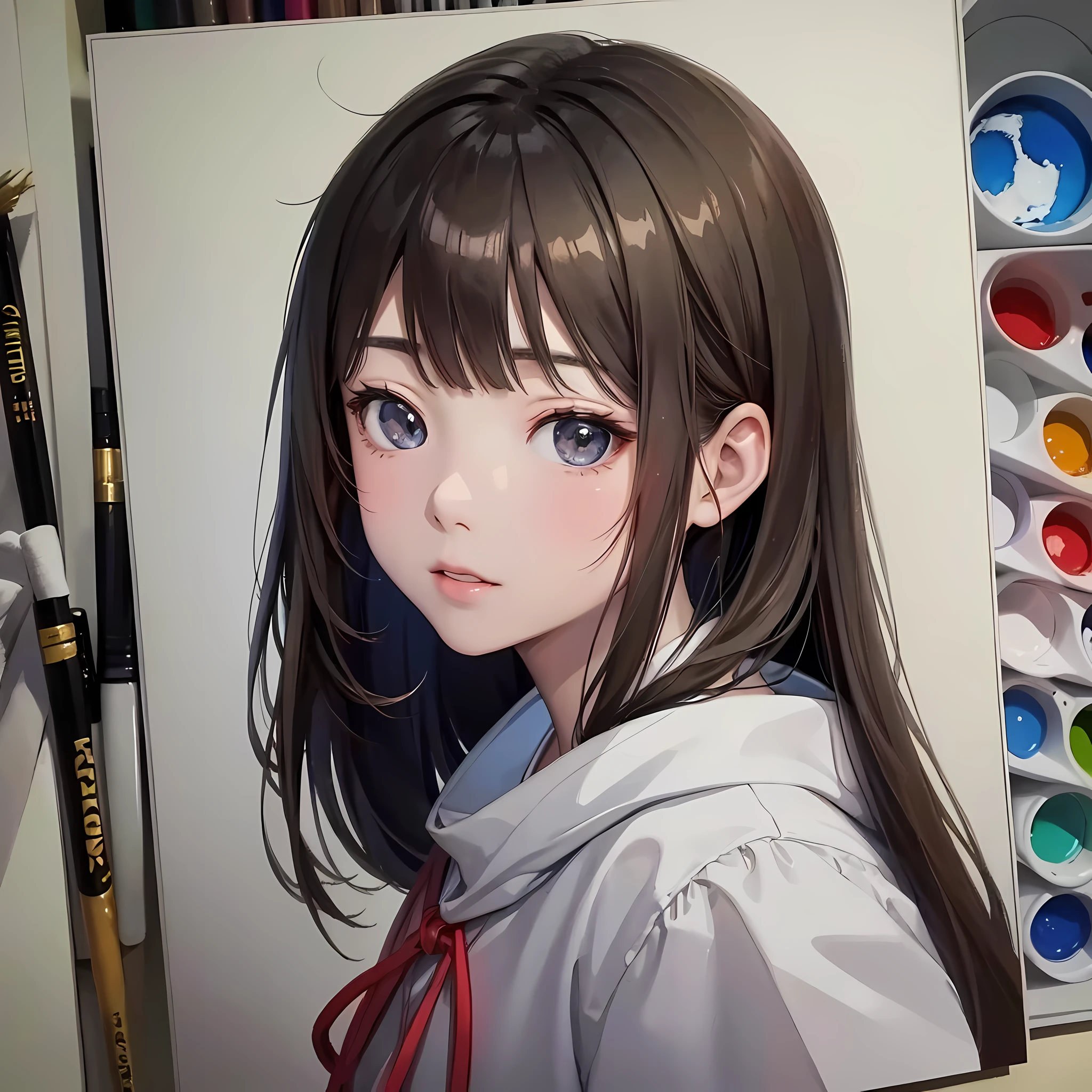 anime, watercolor, Chinese, painting, art style, (white background: 1.4), original, (illustration: 1.1), (best quality), (masterpiece: 1.1), (color: 0.9), (medium lens: 1.4), upper body, clear and sharp focus, interior, looking at the viewer, ((beautiful)), beautiful face, brown hair, black eyes, drawing,