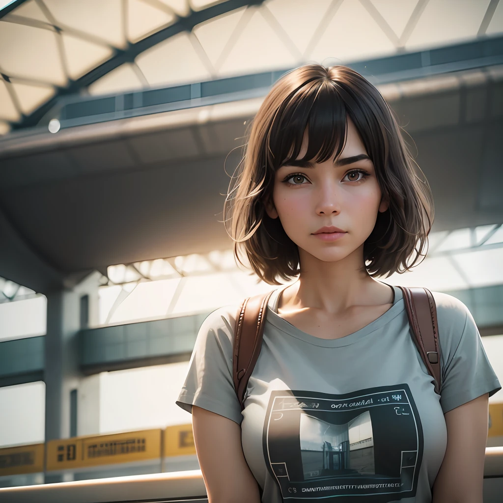realistic photos of female, crossed bangs, slightly smile, t-shirt, in the airport, pov, Eye-Level Shot, blurry, UHD, masterpiece, highres, 16k --auto --s2