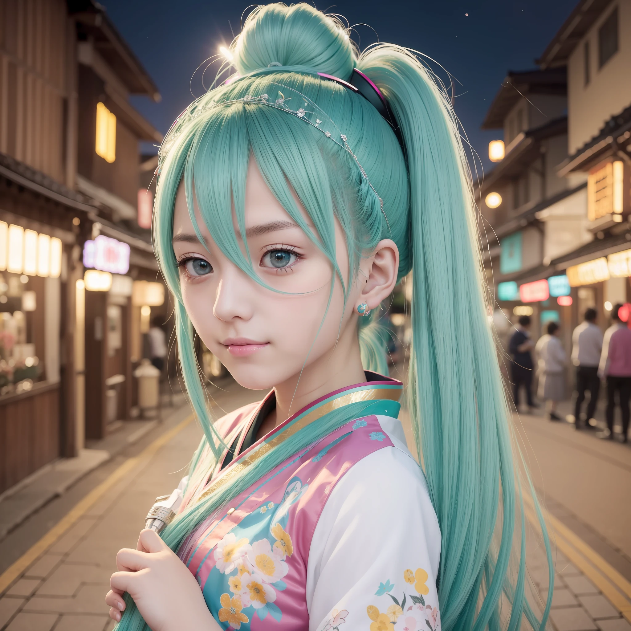 hatsune Miku, wearing Japanese festival clothes, hair in one ponytail, calm, sparkling eyes, pupils in the eyes, the background is in the inner village, with sparkling yellow lights, HD, ultra HD --auto --s2