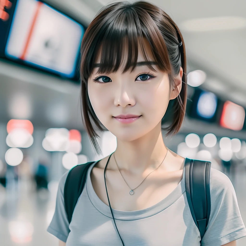 realistic photos of Korean female, crossed bangs, slightly smile, t-shirt, in the airport, pov, Eye-Level Shot, blurry, UHD, masterpiece, highres, 16k --auto --s2