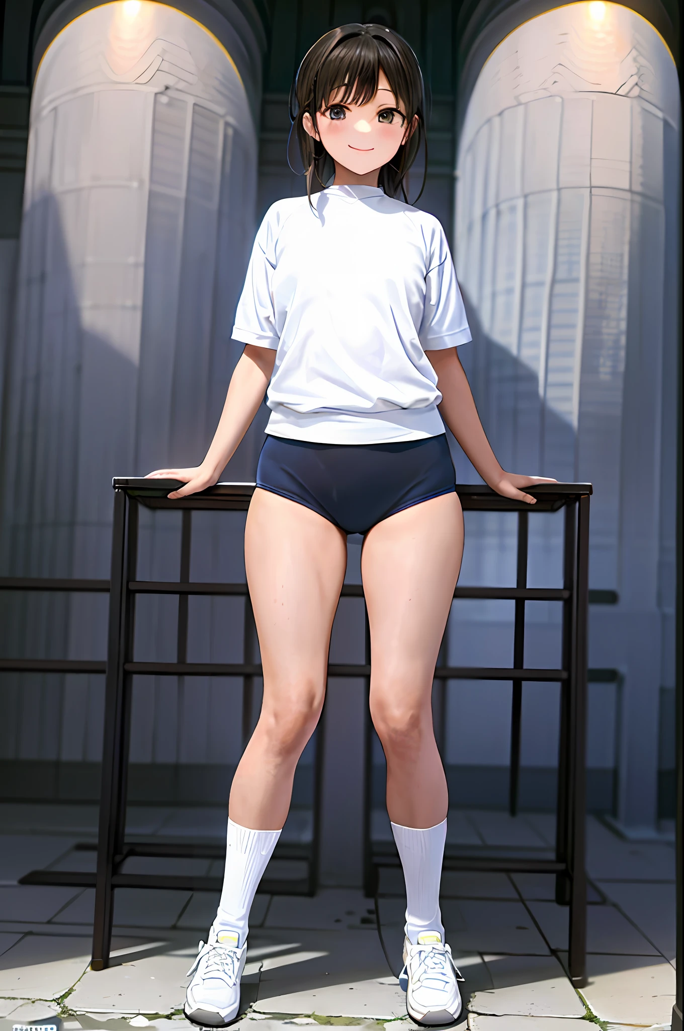 (Masterpiece: 1.2), Highest Quality, Illustration, Super Best Resolution, Pretty Girl, , (Dark Blue Bloomers: 1.1) and (White Gym Clothes: 1.2), Cute Ass, Ass Protruding, Smile, Black Eyes, (Black Hair: 1.0), Thighs, White Sneakers, Black High Socks, (Sky: 1.0),
