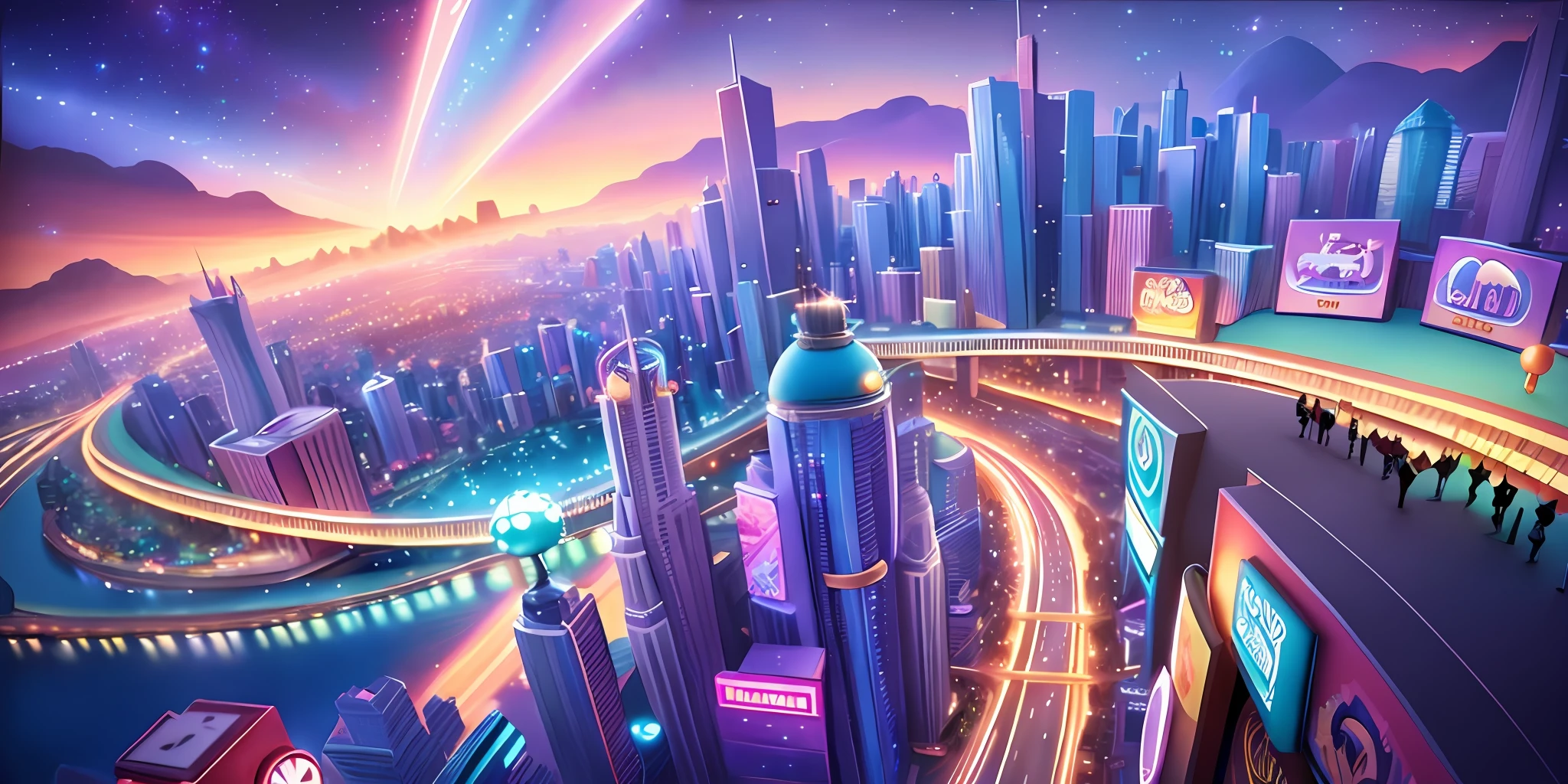 Cartoon game scene, Q version style, cute, bustling city, high-rise building, casino, slot, outdoor scene, starry sky, crazy zootopia style, animated movie scene, Disney, Pixar, concept art, surrealism, cinematic lighting, atmospheric perspective, UHD, high quality, masterpiece