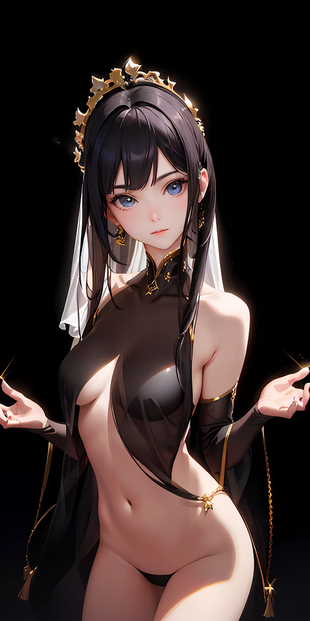 (Photorealistic:1.4), (Masterpiece, Sidelight, Fine Beautiful Eyes: 1.2), Masterpiece*Portrait, Realistic, 3D Face, Luminous Eyes, Glossy Hair, Glossy Skin, Solo, Embarrassing, (Abdomen), Naked, Black Hair,
