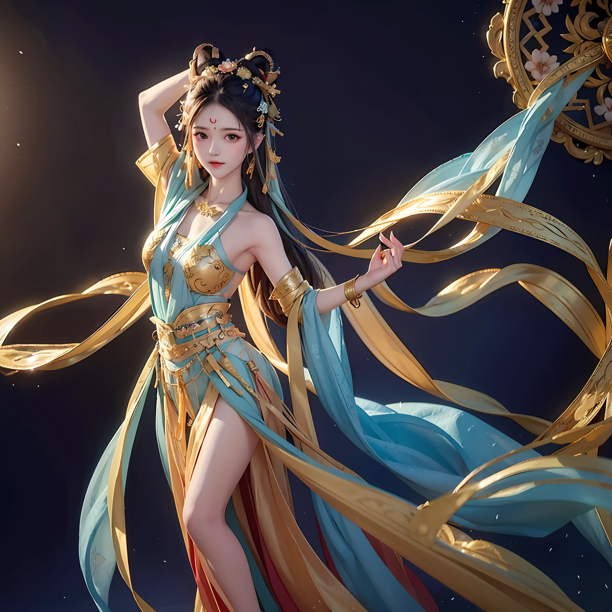 Dunhuang Flying Sky, Dance, Ancient Costumes, Flowing Tulle, Light Silk, Freehand, Masterpiece, Super Detailed, Epic Composition, High Quality, Highest Quality, 4K