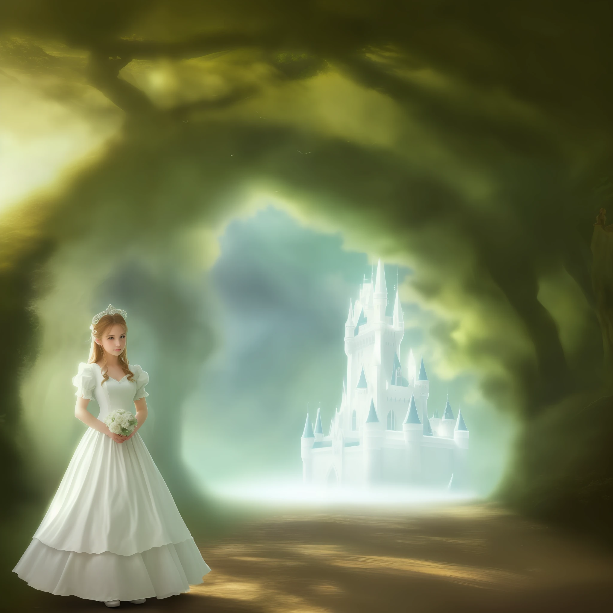 there is a beautiful woman in a white dress standing in front of a castle, highly detailed face, beautiful render of a fairytale, fantasy fairytale story, walking in a castle, romantic storybook fantasy, retro and fantasy style, standing near a castle, nostalgia for a fairytale, nostalgia of a fairytale, fairy tale style background, portrait of magical ta girl, fairytale style, fantasy photoshoot, highly cinematic, chiaroscuro, hyper realistic