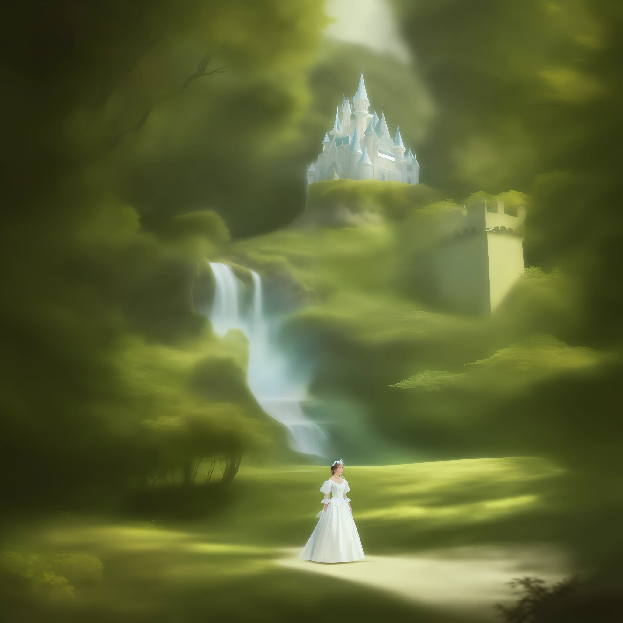 there is a beautiful woman in a white dress standing in front of a castle, highly detailed face, beautiful render of a fairytale, fantasy fairytale story, walking in a castle, romantic storybook fantasy, retro and fantasy style, standing near a castle, nostalgia for a fairytale, nostalgia of a fairytale, fairy tale style background, portrait of magical lolita girl, fairytale style, fantasy photoshoot, highly cinematic, chiaroscuro, hyper realistic
