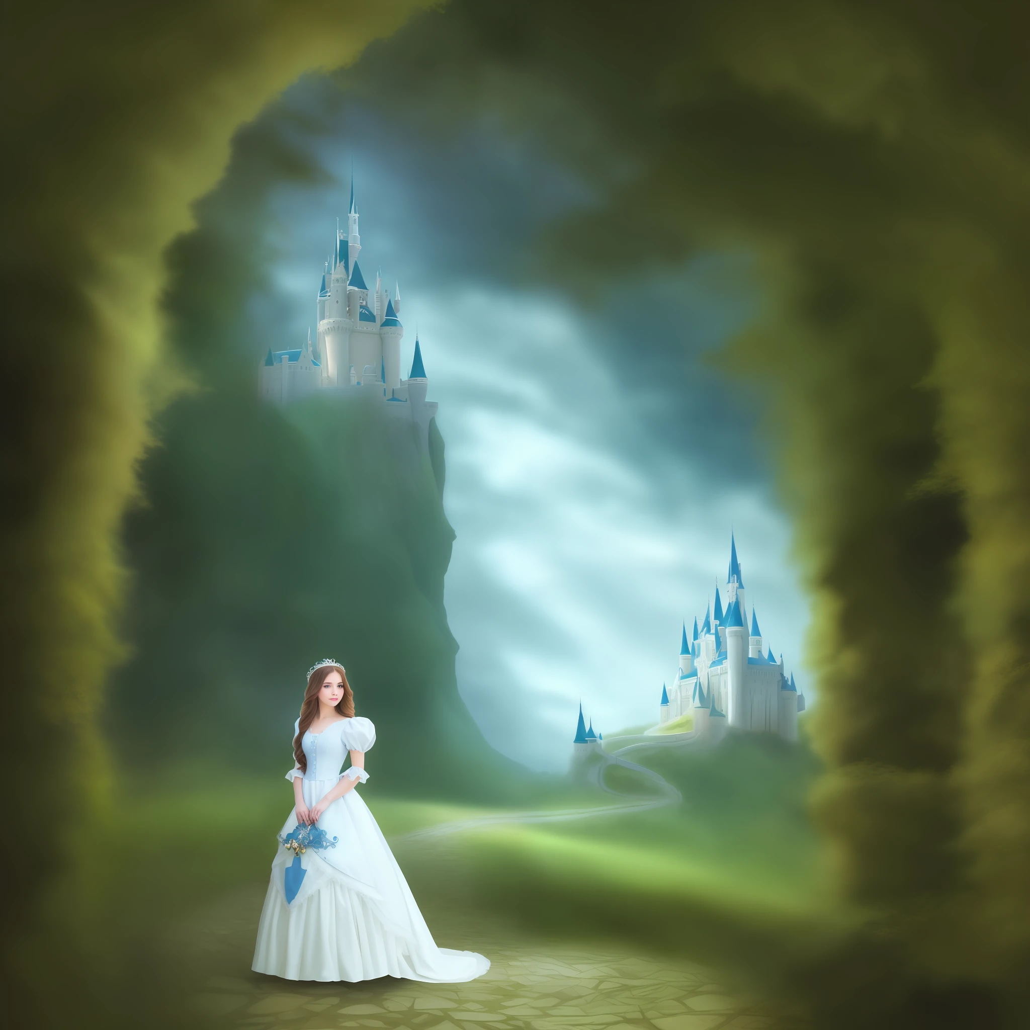 there is a beautiful woman in a white dress standing in front of a castle, highly detailed face, beautiful render of a fairytale, fantasy fairytale story, walking in a castle, romantic storybook fantasy, retro and fantasy style, standing near a castle, nostalgia for a fairytale, nostalgia of a fairytale, fairy tale style background, portrait of magical lolita girl, fairytale style, fantasy photoshoot, highly cinematic, chiaroscuro, hyper realistic