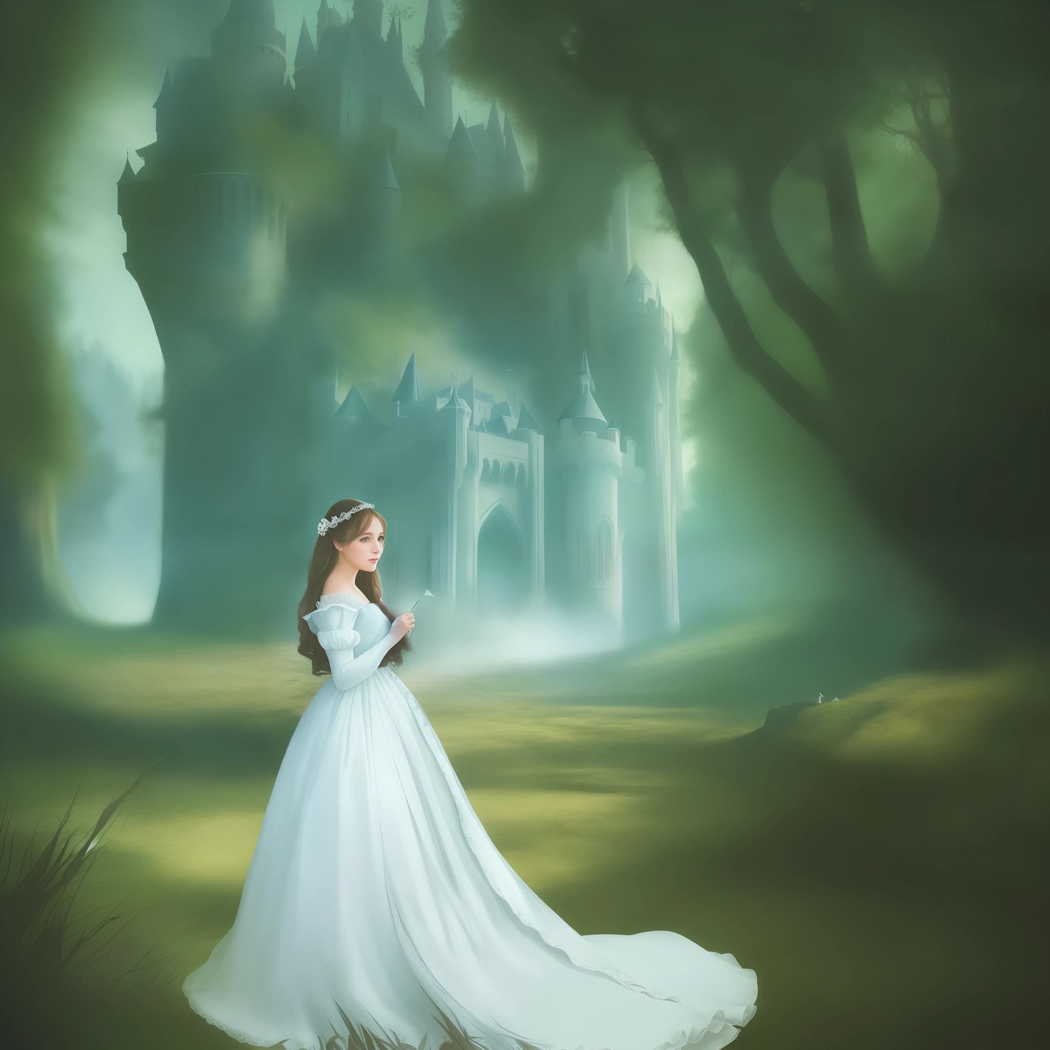 there is a beautiful woman in a white dress standing in front of a castle, highly detailed face, beautiful render of a fairytale, fantasy fairytale story, walking in a castle, romantic storybook fantasy, retro and fantasy style, standing near a castle, nostalgia for a fairytale, nostalgia of a fairytale, fairy tale style background, portrait of magical lolita girl, fairytale style, fantasy photoshoot, highly cinematic, chiaroscuro, hyper realistic