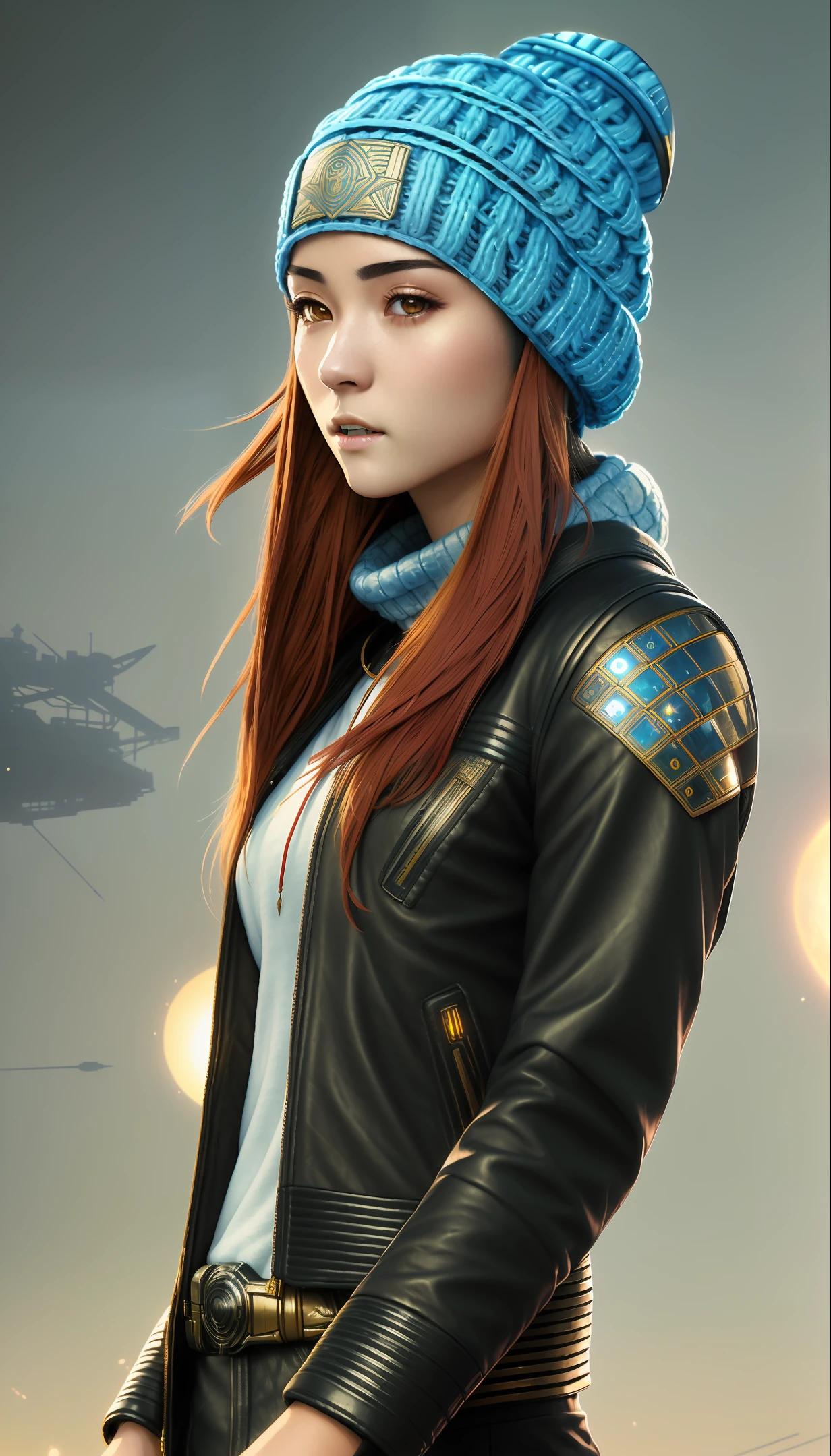 (
(8k:1.27), best quality, masterpiece, ultra highres:1.2) Photo of Pretty Japanese woman
(beautiful:1.1) (sci-fi warrior woman:1.1) space soldier, (beanie:1.61) (leather jacket:1.21) intricate elegant, fantasy, detailed, ometric by greg rutkowski and alphonse mucha, gradient lighting