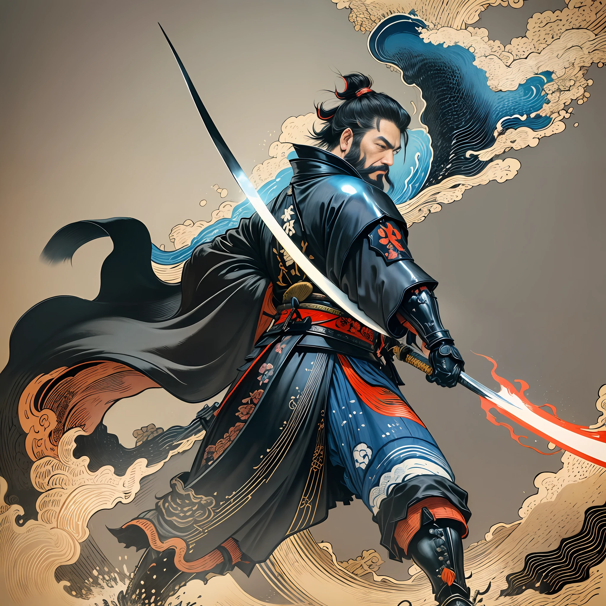 It is a full-body painting with natural colors with Katsushika Hokusai-style line drawings. The swordsman Miyamoto Musashi has a big body like a strongman. Samurai of Japan. With a dignified but manly expression of determination, he confronts evil spirits. He has black short hair and a short, trimmed beard. His upper body is covered in a black kimono and his hakama is knee-long. In his right hand he holds a Japan sword with a longer sword part. In the highest quality, masterpiece high resolution ukiyo-e style lightning and swirling flames. Among them, Miyamoto Musashi is standing with his back straight, facing the front.