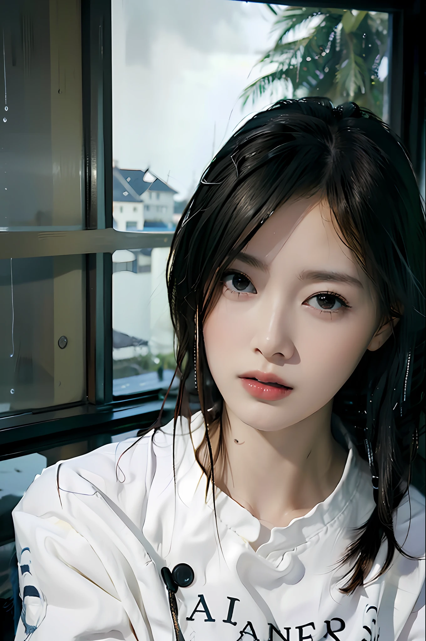 One beautiful woman, front, waist up angle, detailed eyes, big eyes, black eyes, fair skin, slender, black hair, short hair, wet hair, wet skin, background is hotel room with night view, rain outside window, water drops on window, swollen eyes, sad expression, sexy, dressed in plain white t-shirt, night, straight hair, bangs,