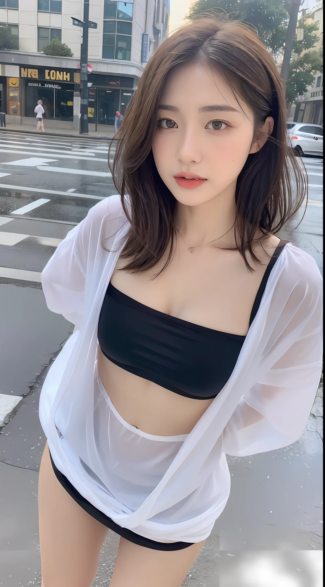((Best Quality, 8K, Masterpiece:1.3)), Focus: 1.2, Perfect Body Beauty: 1.4, Buttocks: 1.2, ((Layered Haircut, Breasts: 1.2)), (Wet Clothes: 1.1) , (Rain, Street:1.3), Bandeau Dress: 1.1, Highly Detailed Face and Skin Texture, Delicate Eyes, Double Eyelids, Whitened Skin, Long Hair