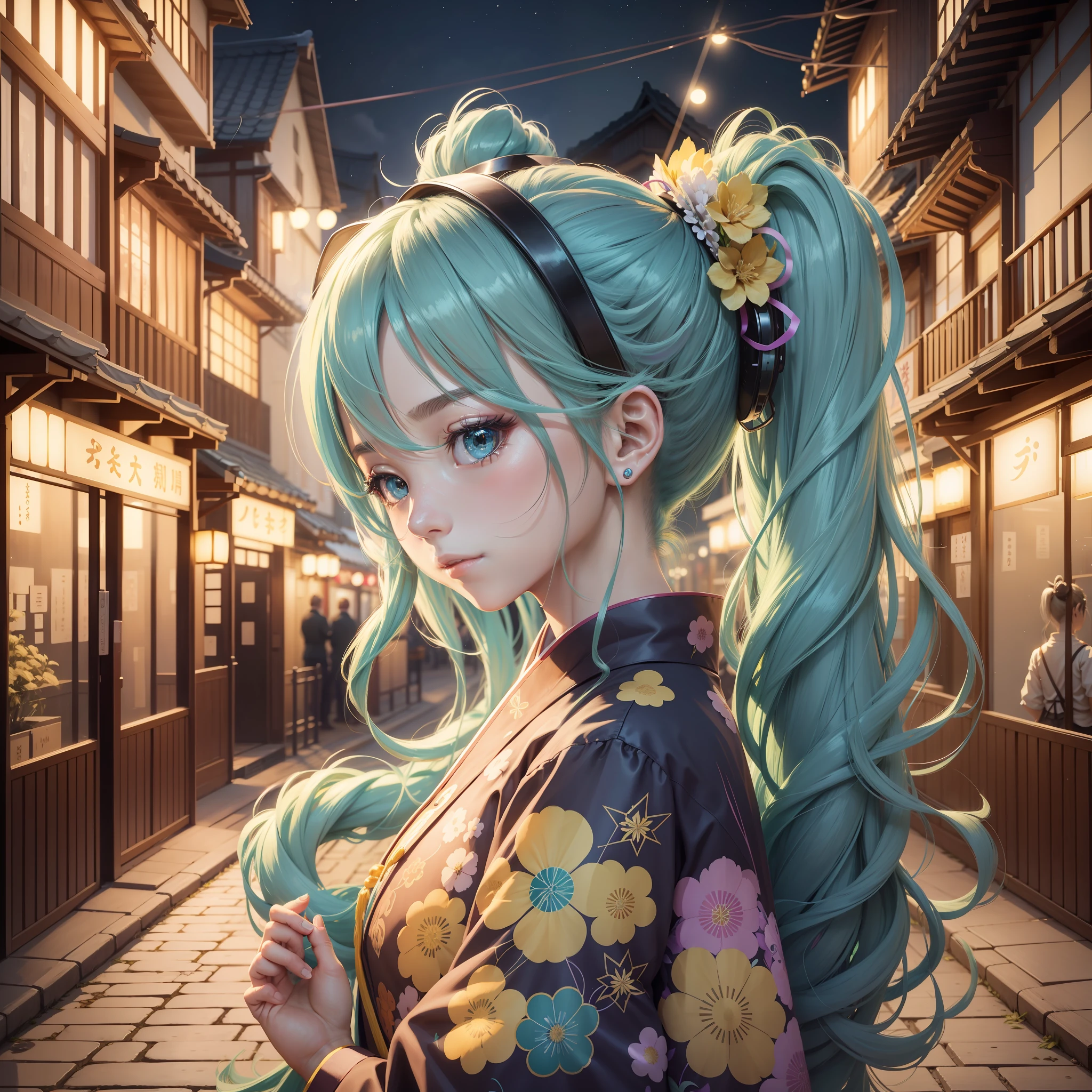 hatsune Miku, wearing Japanese festival clothes, hair in one ponytail, calm, sparkling eyes, the background is in the inner village, with sparkling yellow lights, Normal, HD, ultra HD