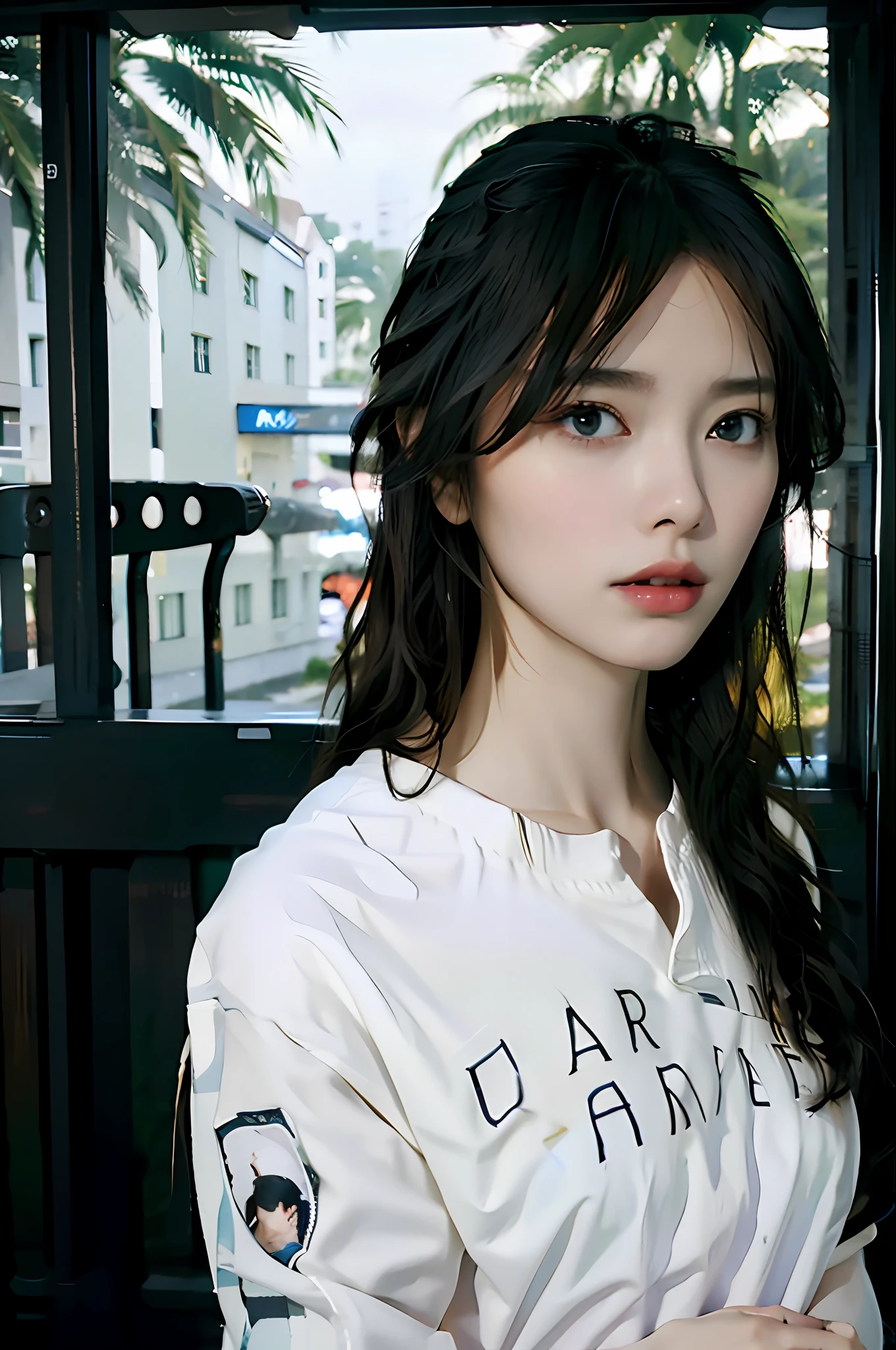One beautiful woman, front, waist up angle, detailed eyes, big eyes, black eyes, fair skin, slender, black hair, short hair, wet hair, wet skin, background is hotel room with night view, rain outside window, water drops on window, swollen eyes, sad expression, sexy, dressed in plain white t-shirt, night, straight hair, bangs,