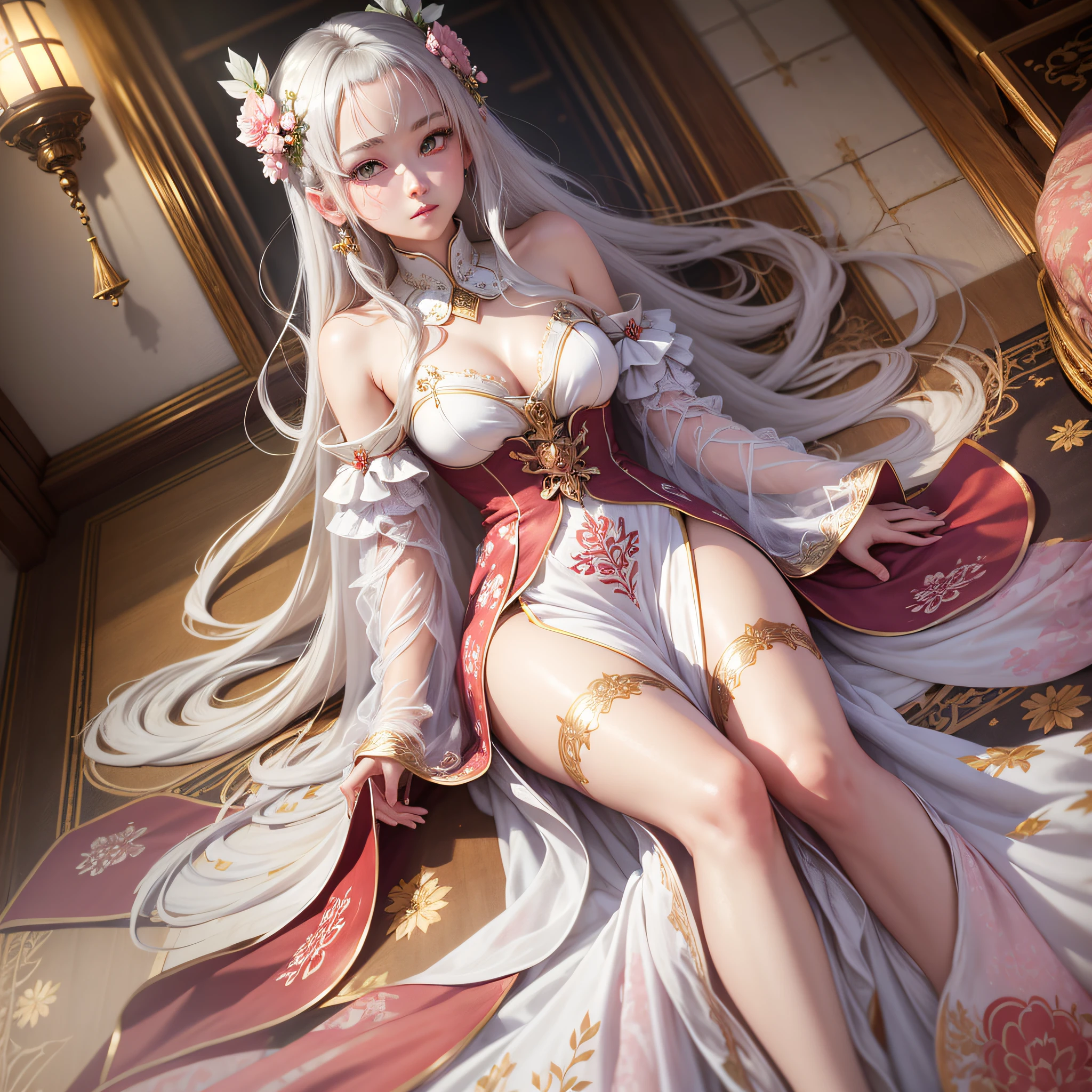 There is a girl in a green dress, plum blossoms, palaces, oriental architecture ray tracing, {best quality}, {{masterpiece}}, extremely detailed 8K wallpaper, {an extremely delicate and beautiful}, colorful, intricately detailed, Realistic, real, camera quality, (detailed depiction of clothes), cool white skin, (detailed depiction of blush), 1080p, sun, soft cuteness, smooth light silver hair, messy beauty, lighting, broken feeling, bright and silky skin , 3D stereoscopic, masterpiece, best quality, super fine illustration, beautiful eyes, very fine light, fine glow, very fine 8K CG wallpaper, peach eyes, red pupils, an extremely delicate and beautiful girl, 8k Wallpaper, best quality, full body close-up, white long dress, luxurious silky bright red chiffon floodlight (magic, glitter, ultra-thin, soft,) Hanfu --auto --s2