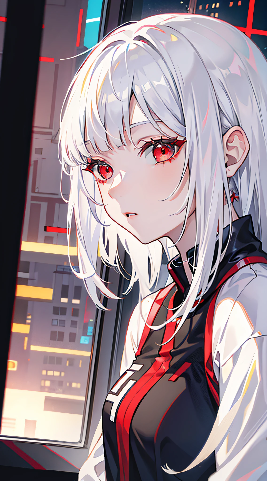 Girl, white hair, red eyes, long straight bangs