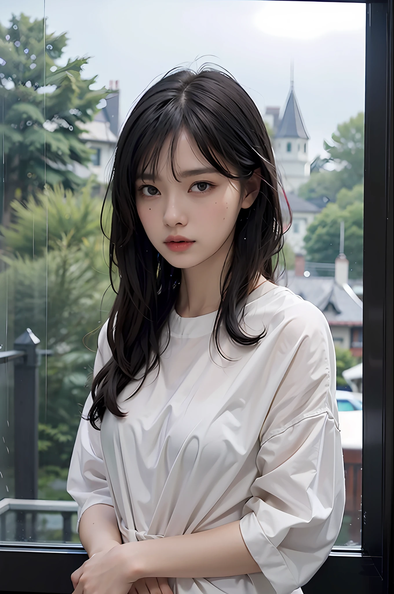 One beautiful woman, front, waist up angle, detailed eyes, big eyes, black eyes, fair skin, slender, black hair, short hair, wet hair, wet skin, background is hotel room with night view, rain outside window, water drops on window, swollen eyes, sad expression, sexy, dressed in plain white t-shirt, night, straight hair, bangs,