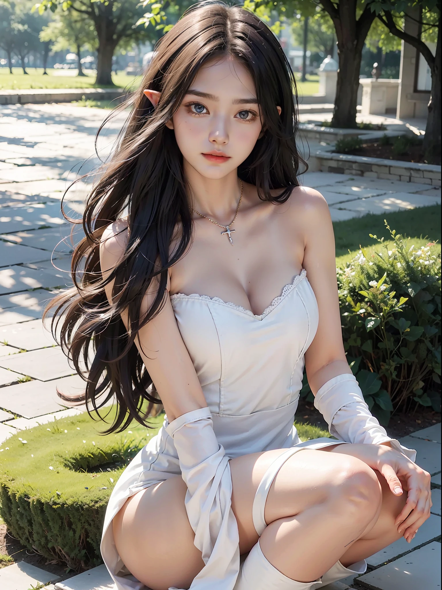 Full body, looking straight, focusing on the eyes, squeezing the chest, beautiful detailed whole body, cute young elf girl in light clothing with chest abdomen visible, long hair shining golden, full body, pastel color, fantastic, soft shine, beautiful, wet, greasy, high angle shot, long hair, curly, wilted bangs, black hair, hair fluttering in the wind, ahoge, delicate beautiful face, seductive smile, beautiful and delicate eyes, closed_mouth, bare_shoulders, delicate hands, large_breasts, zettai_ryouiki, blue eyes, white skin, beautiful accessories, hair_flower, necklace, white_gloves, beautiful detailed dress, knee_boots, highly detailed CG Unity 8k wallpaper, very CG,