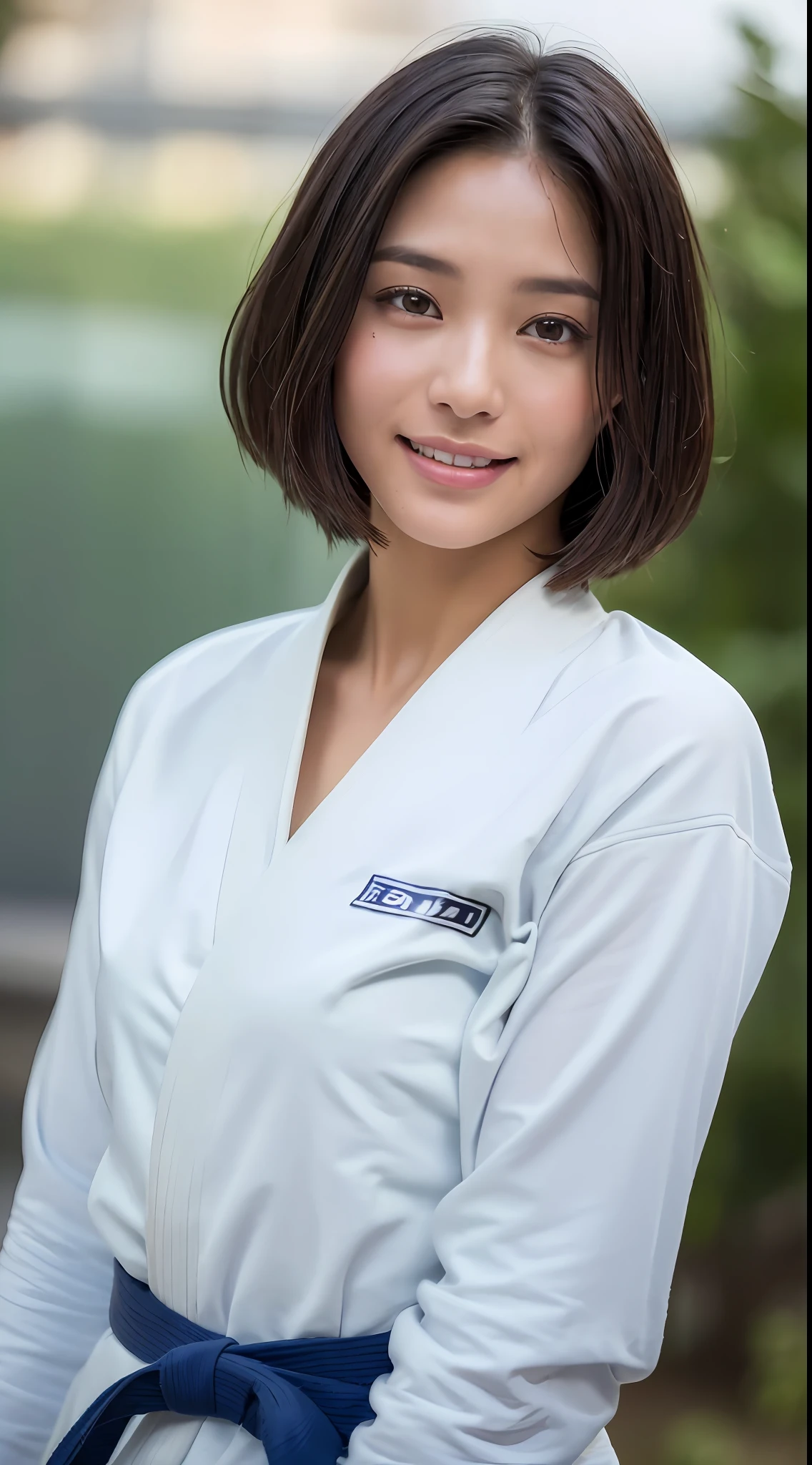 ((top quality, 8k, masterpiece: 1.3)), sharp focus: 1.2, beautiful woman with muscular body: 1.4, arms hanging down, slim abdomen: 1.2, ((layered haircut, big: 1.2)), wet body: 1.1, very detailed face and skin texture, detailed eyes, double eyelids, tanned skin, tanned, sweat-wet skin, 1girl, beautiful and perfect face, Bob cut, intricate details, cinematic feel, 8K, highly detailed, (realistic, photorealistic: 1.37), super detail, top quality, realistic, very delicate and beautiful, RAW photography, (((professional lighting)), face lighting, depth of field, monofocal, (judo)), (wearing a judogi)), ((wearing a judogi)), (very detailed judo belt)), ((Brazilian jiu-jitsu purple belt)), ( Wear the official judo uniform), ((long sleeve)), ((wear a T-shirt)), (muscular and healthy), small head, (((beautiful eyes)), bare face, realistic face, real face, fine eyes, (fashionable hairstyle: 1.3), viewer, (cool Japan female)), intellectual, sports, (smile: 1.15), (closed mouth), fine and beautiful eyes, (dojo: 1.3), Judo athlete, healthy body, (short hair: 1.2), short hair, dark skin