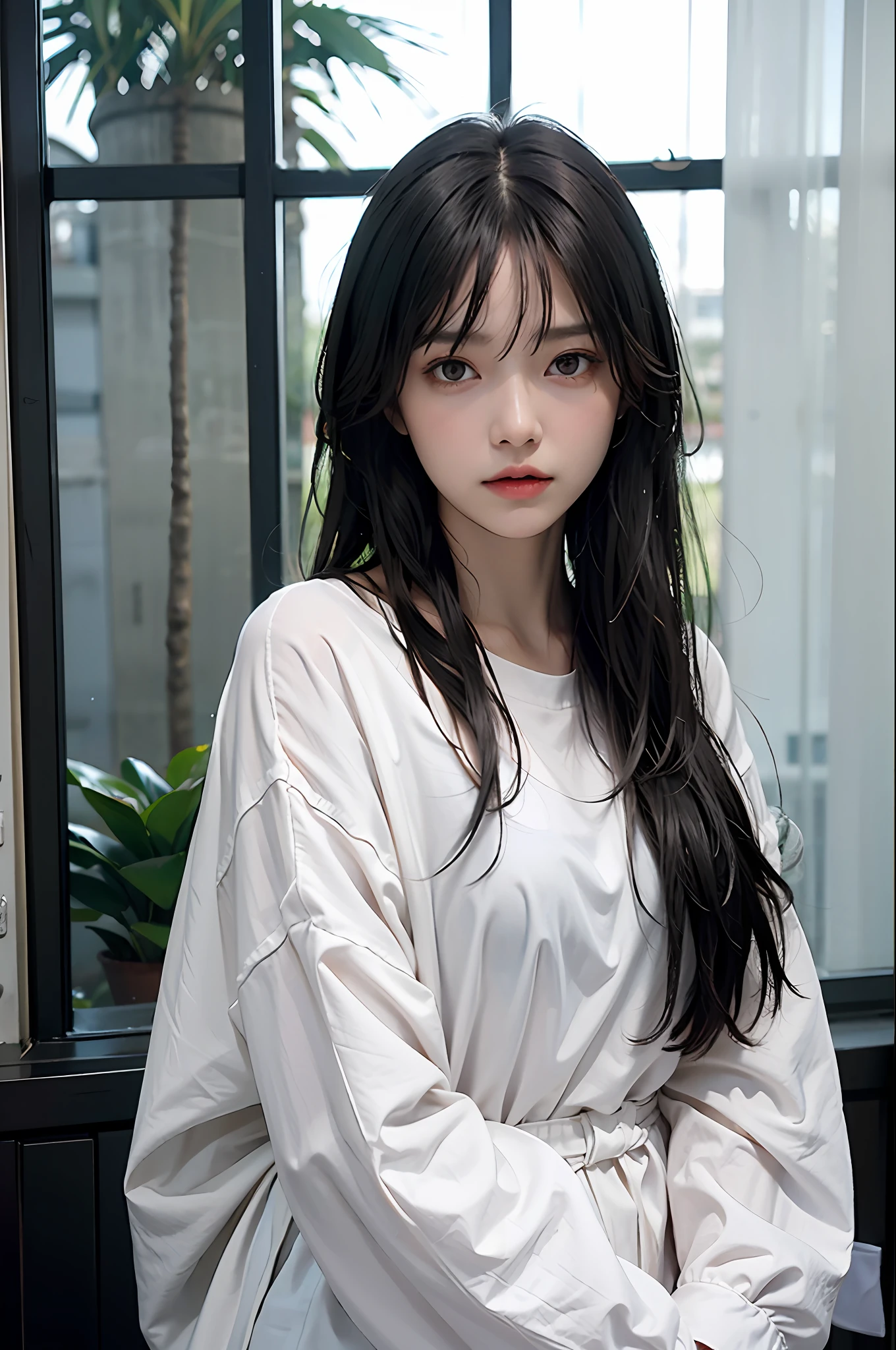 One beautiful woman, front, waist up angle, detailed eyes, big eyes, black eyes, fair skin, slender, black hair, short hair, wet hair, wet skin, background is hotel room with night view, rain outside window, water drops on window, swollen eyes, sad expression, sexy, dressed in plain white t-shirt, night, straight hair, bangs,