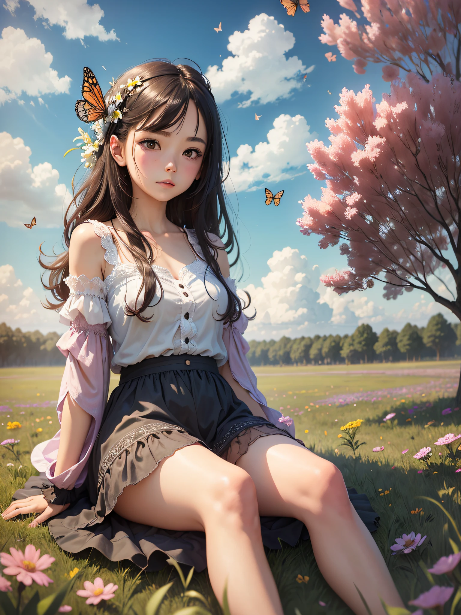 1girl, adult female sitting on a grass field staring at the sky, wearing lacy torn cover-ups. windy, flowers, butterflies